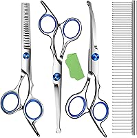 wikdey Professional Dog Grooming Scissors Kit - Safety Round Tip Thinning, Curved & Straight Shears + Comb for Dogs Cats Right-Handed