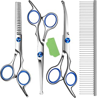 wikdey Professional Dog Grooming Scissors Kit - Safety Round Tip Thinning, Curved & Straight Shears + Comb for Dogs Cats Right-Handed