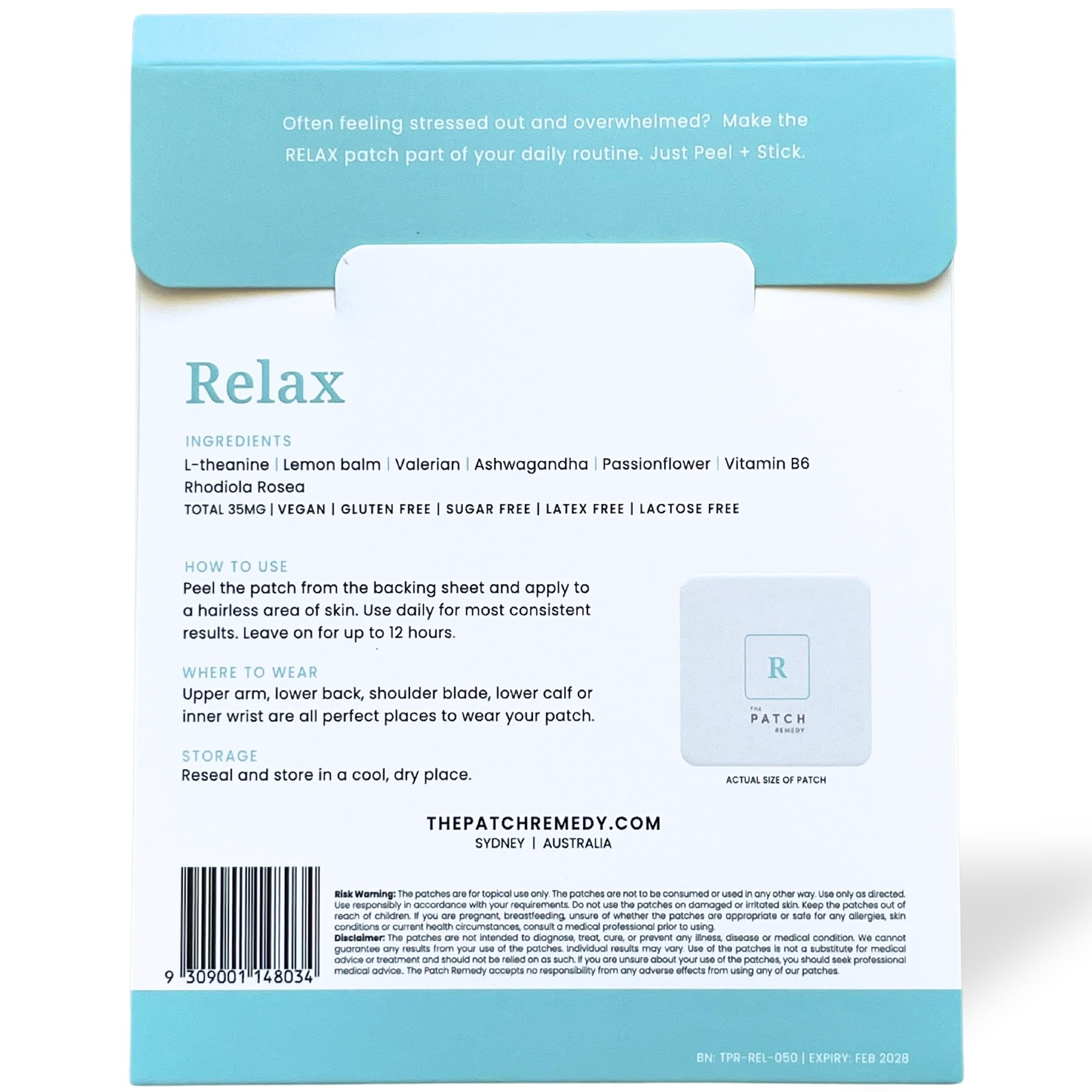 The Patch Remedy Parches relajantes – 30 parches tópicos para aliviar el estrés con Ashwagandha, L-teanina, bálsamo de limón, valeriana, pasiflora, vitamina B6, Rhodiola Rosea | Calmante, aliviador,
