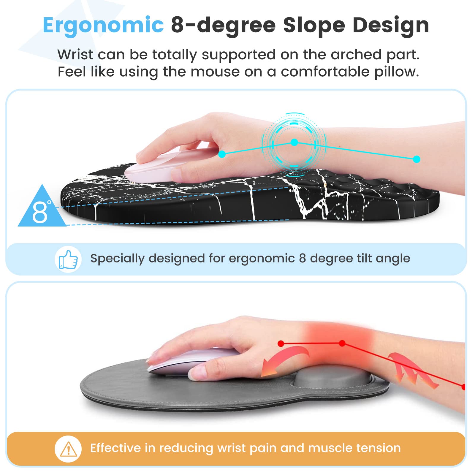 HAOCOO Ergonomic Keyboard Wrist Rest, 3 PCS Computer Keyboard and Mouse Pad with Wrist Rest Set, Memory Foam Carpal Tunnel Mousepad Support Combo with for Hand Desk Home Office, Black White Marble