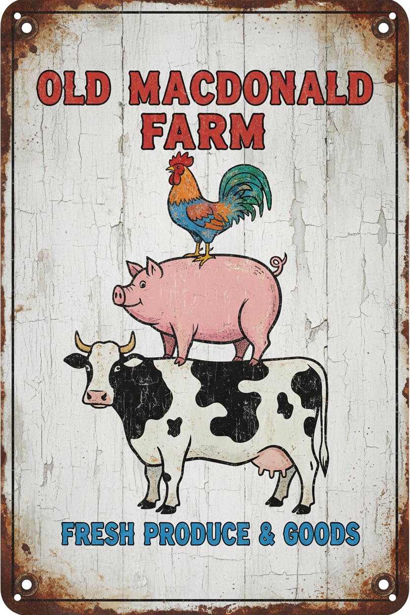 Vintage Chicken Cow Pig Tin Sign Retro Coop Wall Decor Nostalgic Art Funny Animals Rustic Metal Poster Outdoor Store Cafe Poultry House Pubs Farm Farmhouse 8x12inch