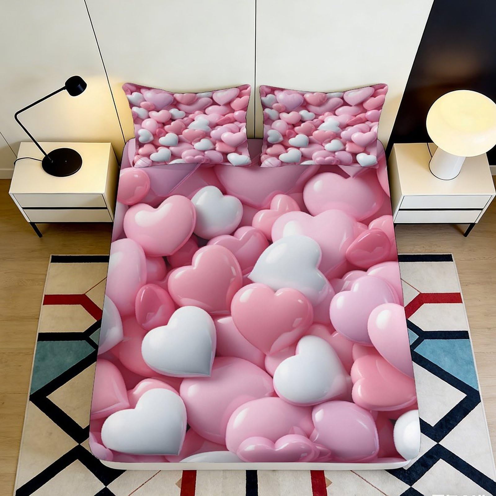 3D Printed Heart Design Fitted Sheet Microfiber Deep Pocket Bedroom Non-Slip Love Mattress Fitted Cover for All Ages 140x200x25cm