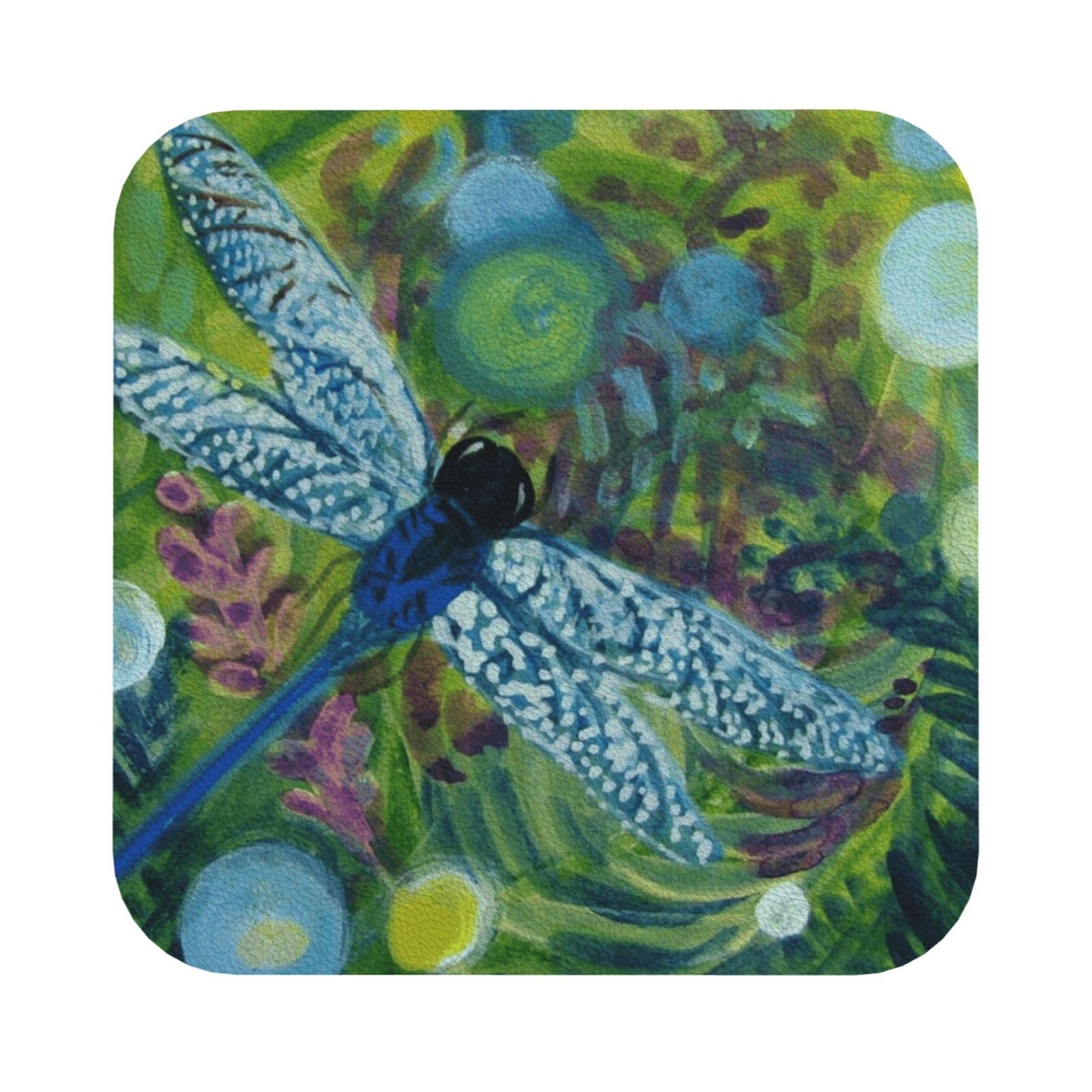 Hand painted dragonfly PU Leather Coasters Set of 6 Square Drink Coasters