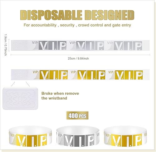 Miniatura 2 de 400 pulseras VIP para eventos, impermeables, para fiestas, pulseras de papel doradas y plateadas, pulseras de papel ligeras, pulseras personalizadas