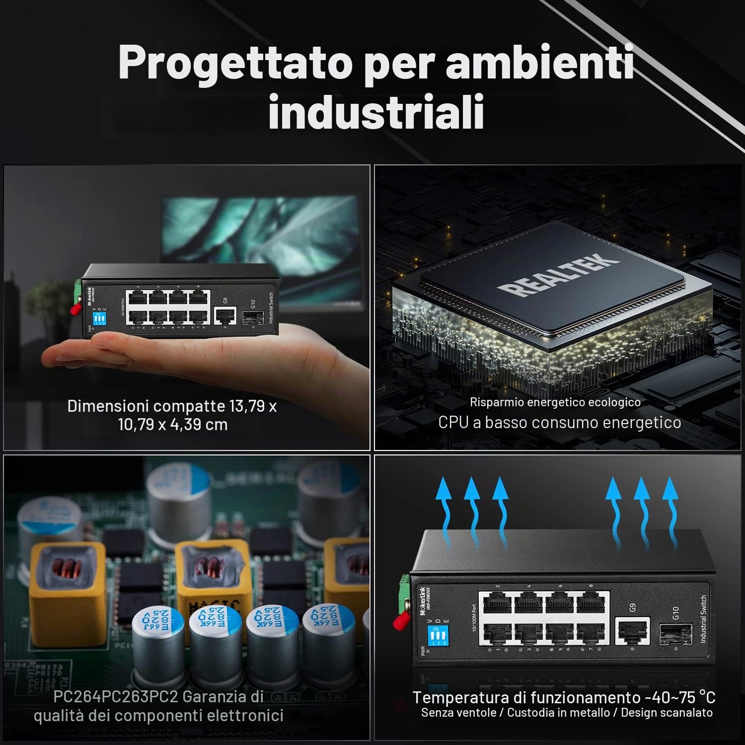 MokerLink Switch industriale DIN Rail a 10 porte, 8 porte 100 Mbps, 1 Gigabit Ethernet e 1 SFP uplink, DIN Rail & Wall Mount