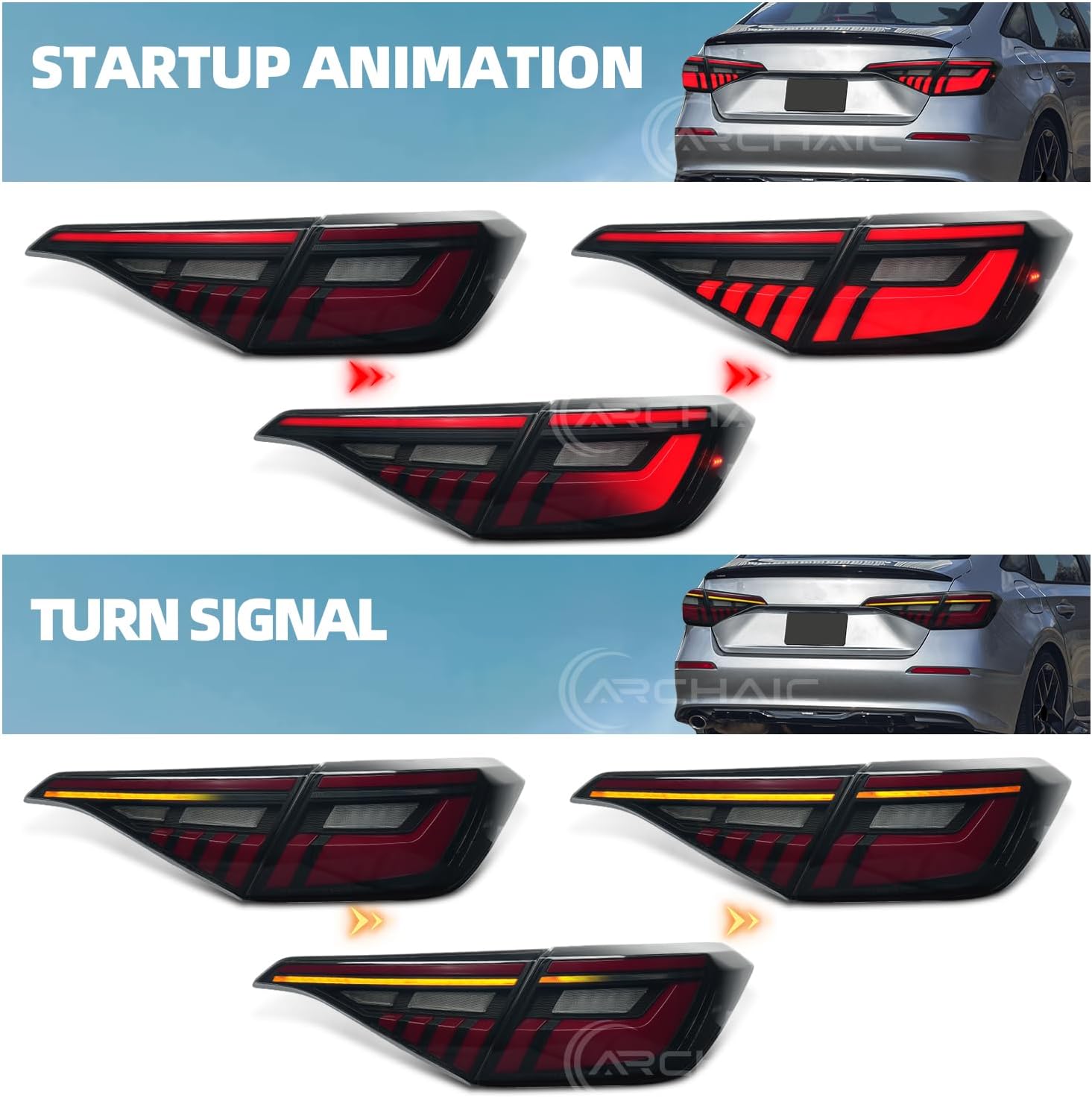 Archaic Tail Lights for 2022-2024 Civic Sedan,Taillights Assembly for 11th Gen Civic w/Animation DRL/Sequential Turn Signal,Pair