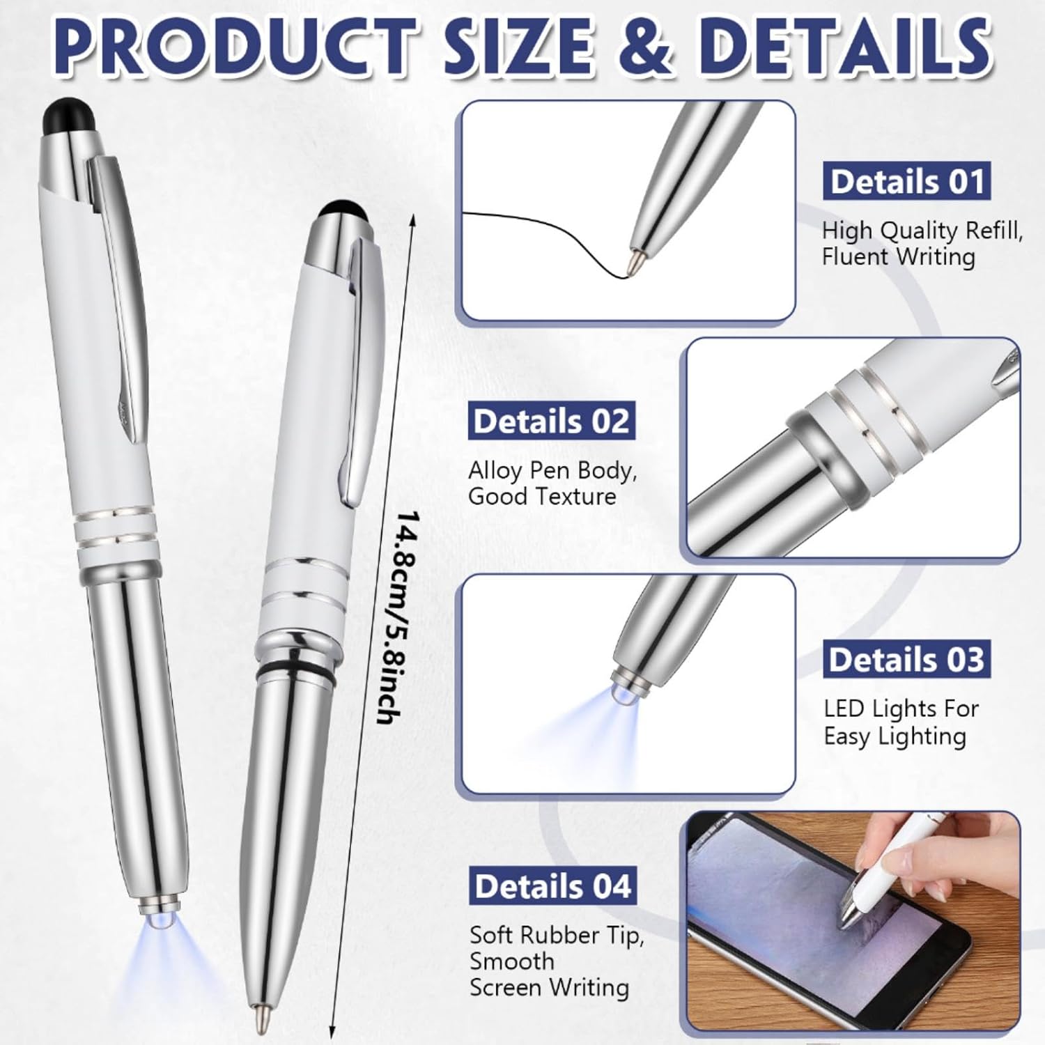 Zonon 15 Pieces LED Ballpoint Pen with Stylus Tip, Multi-Function Capacitive Pen with LED Flashlight, 1.0 mm Black Ink Metal Ballpoint for Touch Screens, 3 in 1 Stylus(White)