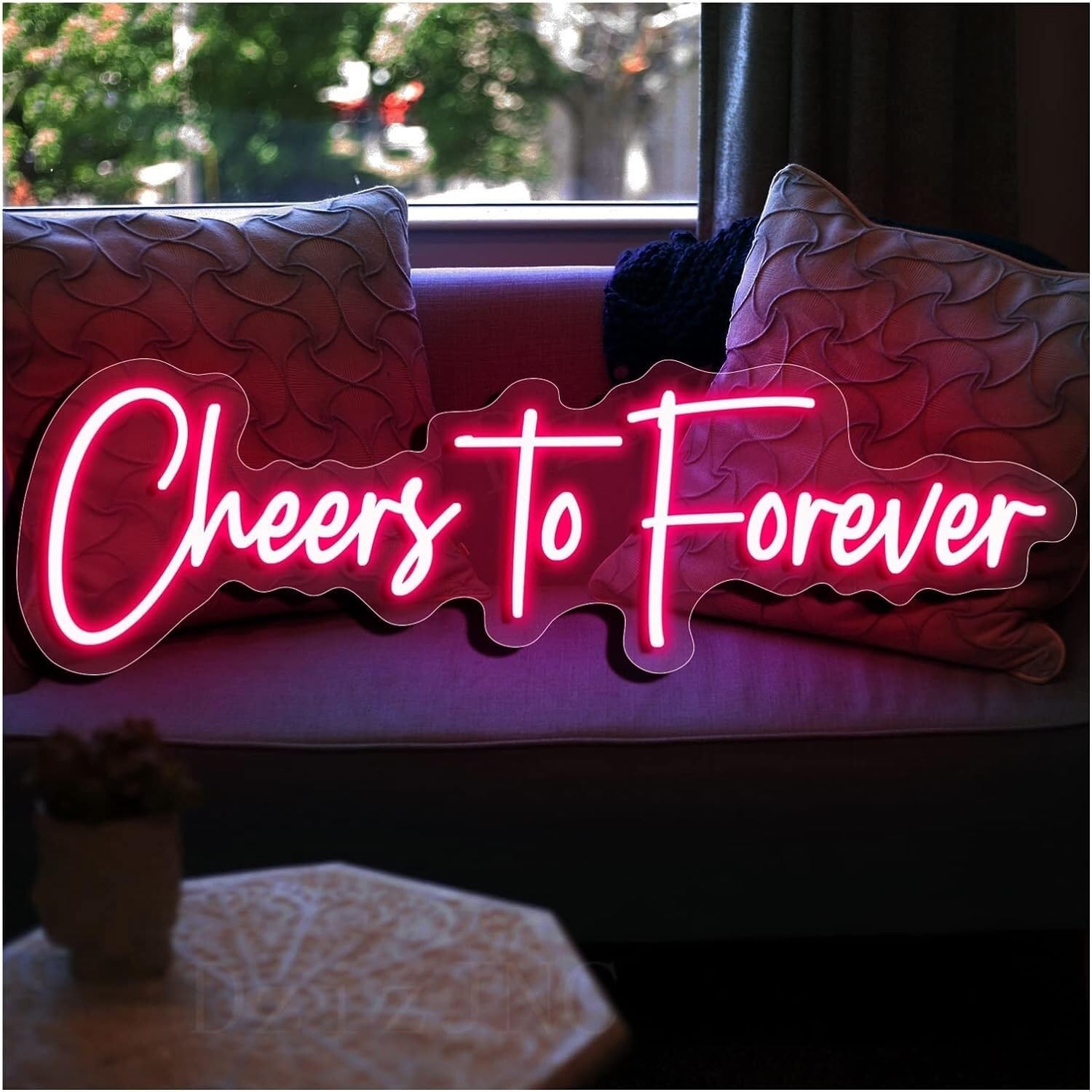 Letrero de neón Cheers to Forever para celebrar el amor eterno en tu boda rosa