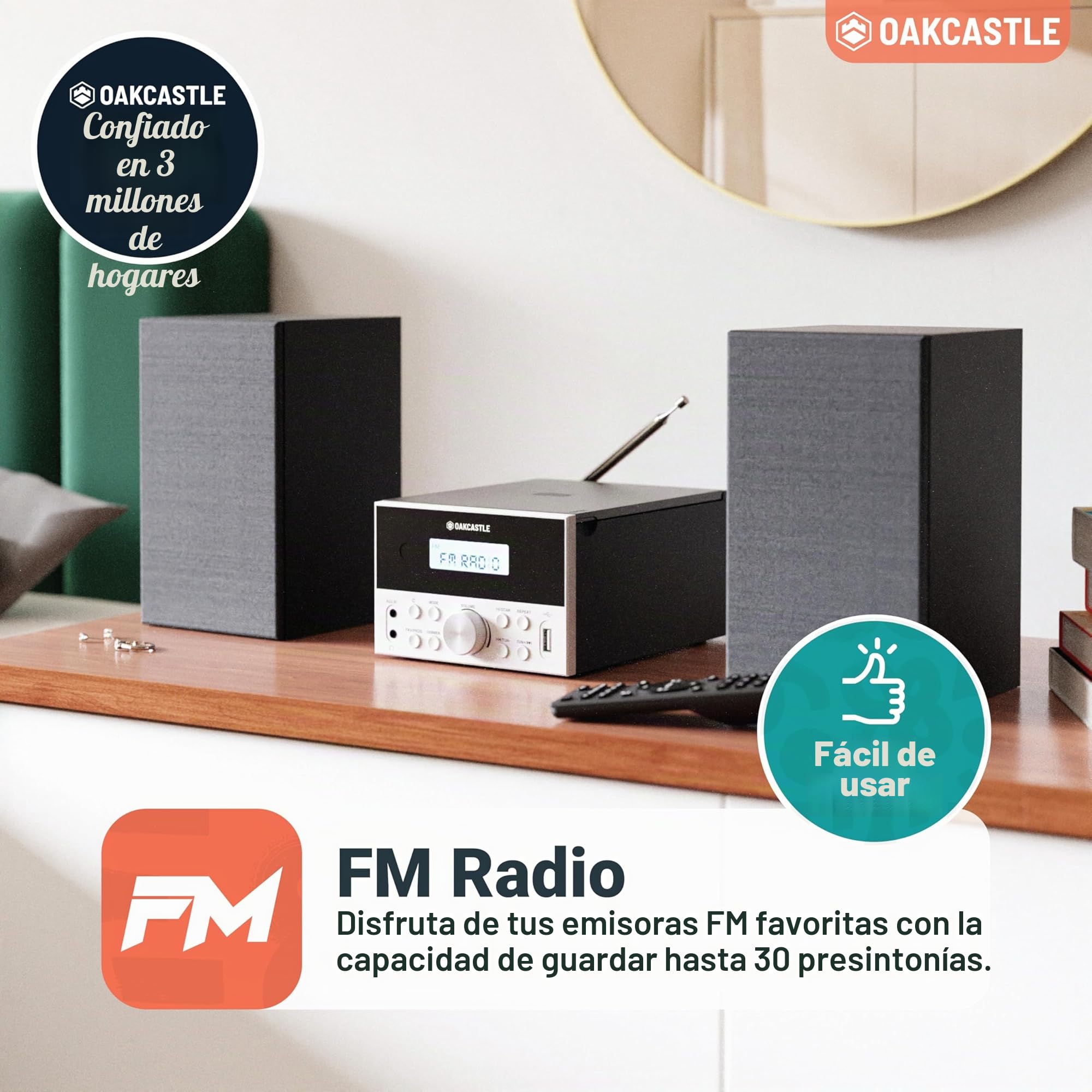 OAKCASTLE HIFI150 - Sistema de música Bluetooth 5.2 con altavoces DSP, sistema HiFi de 20 W, reproductor de CD HiFi con radio FM, instalaciones compactas de madera maciza, USB, AUX, MP3, CD, CD-R,