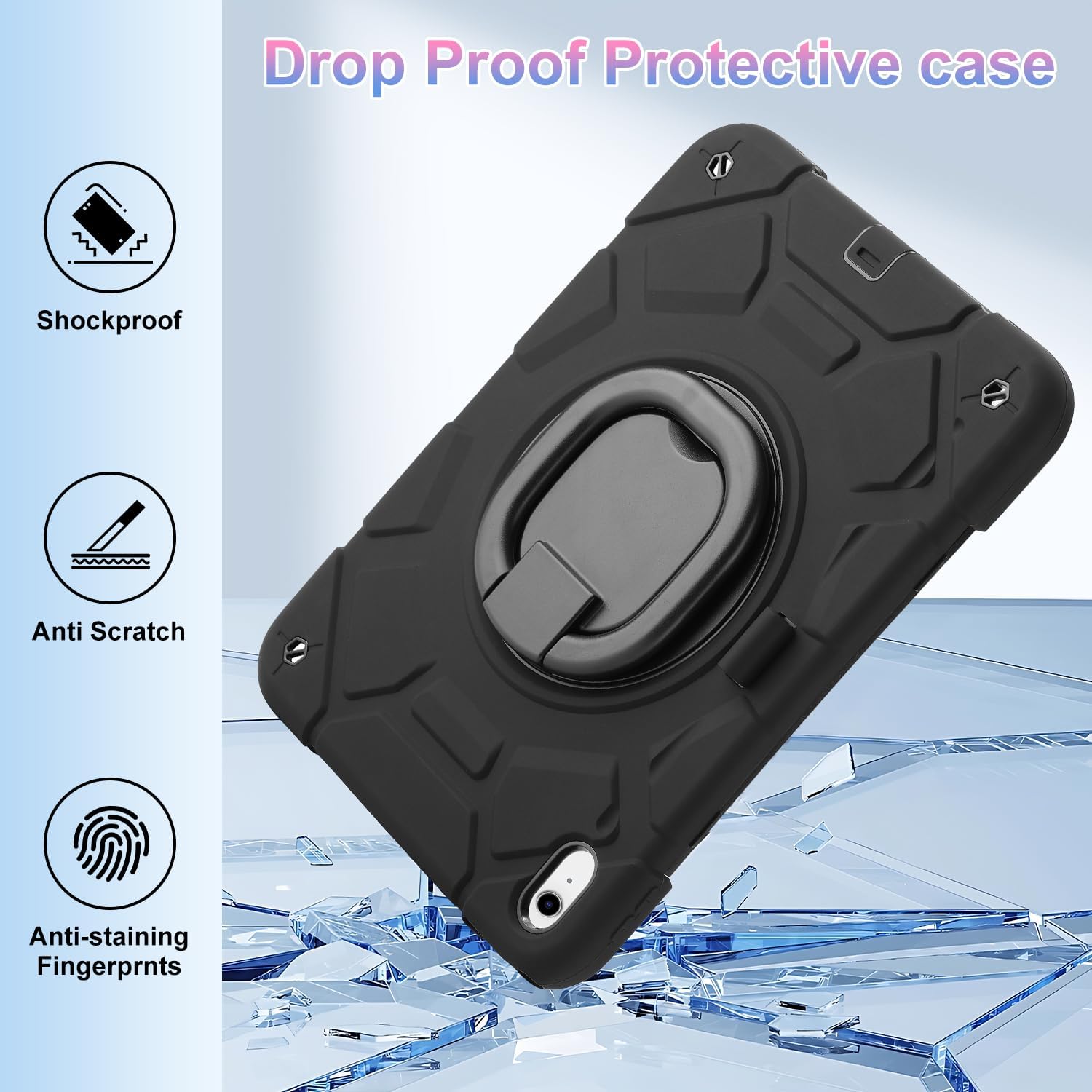 for iPad (A16) 11th Generation case 11''(2025)/10th Generation case 10.9''(2022),360°Rotatable Stand with [Pencil Holder&Shoulder Strap] Heavy Duty Shockproof Protective Silicone Case (Black)