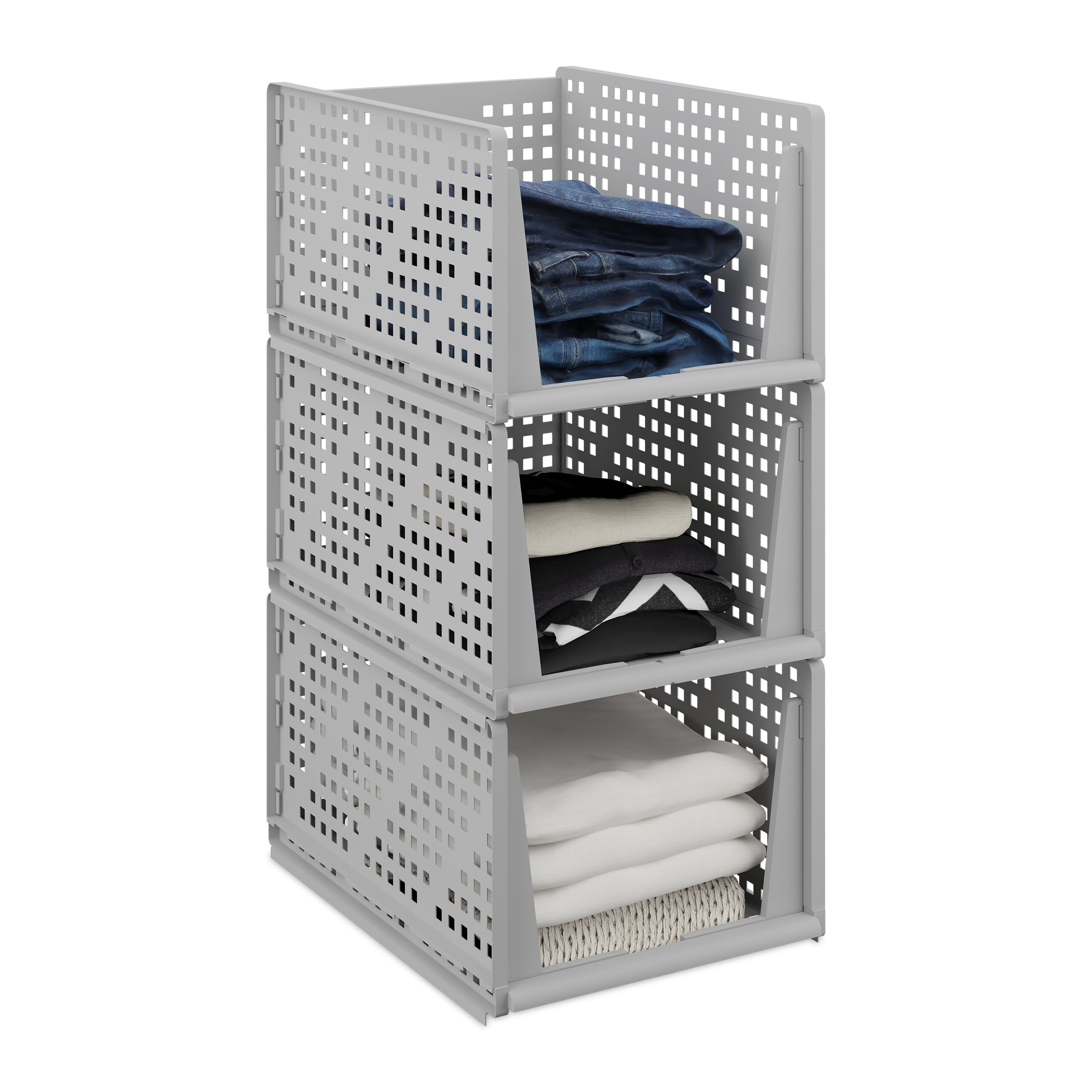 Relaxdays Grey Wardrobe Organiser, Set Of 3, Stackable Storage Boxes, 24.5 X 33.5 X 43.5 Cm, Pull-Out Design,