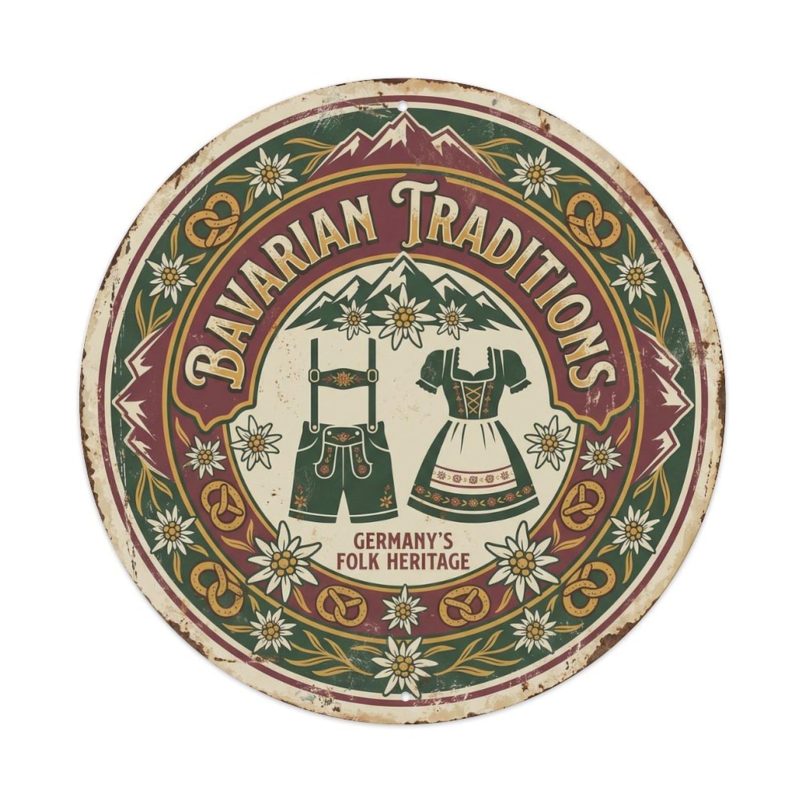 Germany Bavarian Traditions Historic Tourism Classic Metal Tin Sign Plaque Wall Decor for Cafe, Man Cave, Club Bar, Office, Home Garden Round Metal Poster 8x8Inch