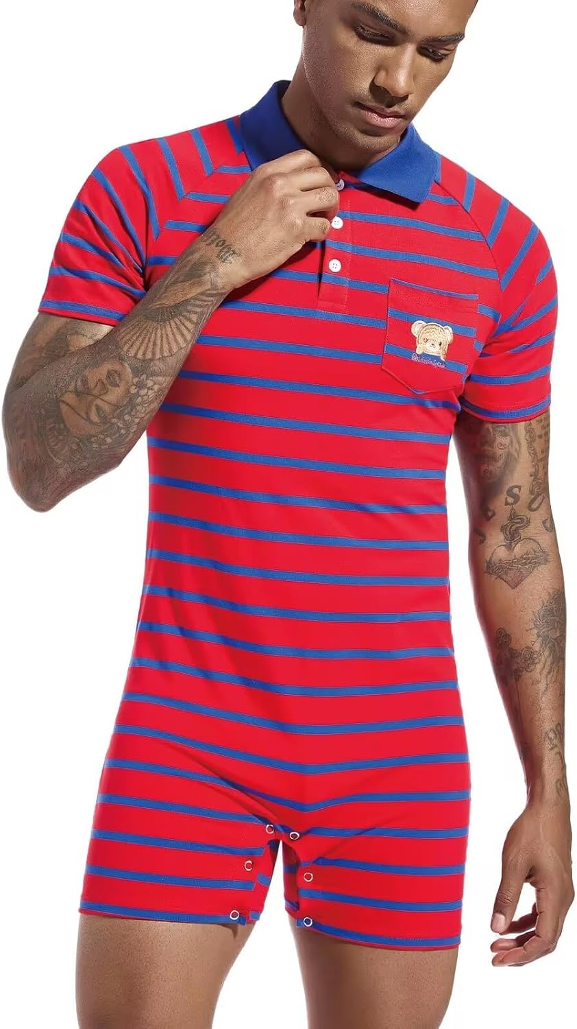 Landofgenie Mens Short Sleeve Romper Onesie One Piece Stripe Pajamas with Polo Collar - Image 3