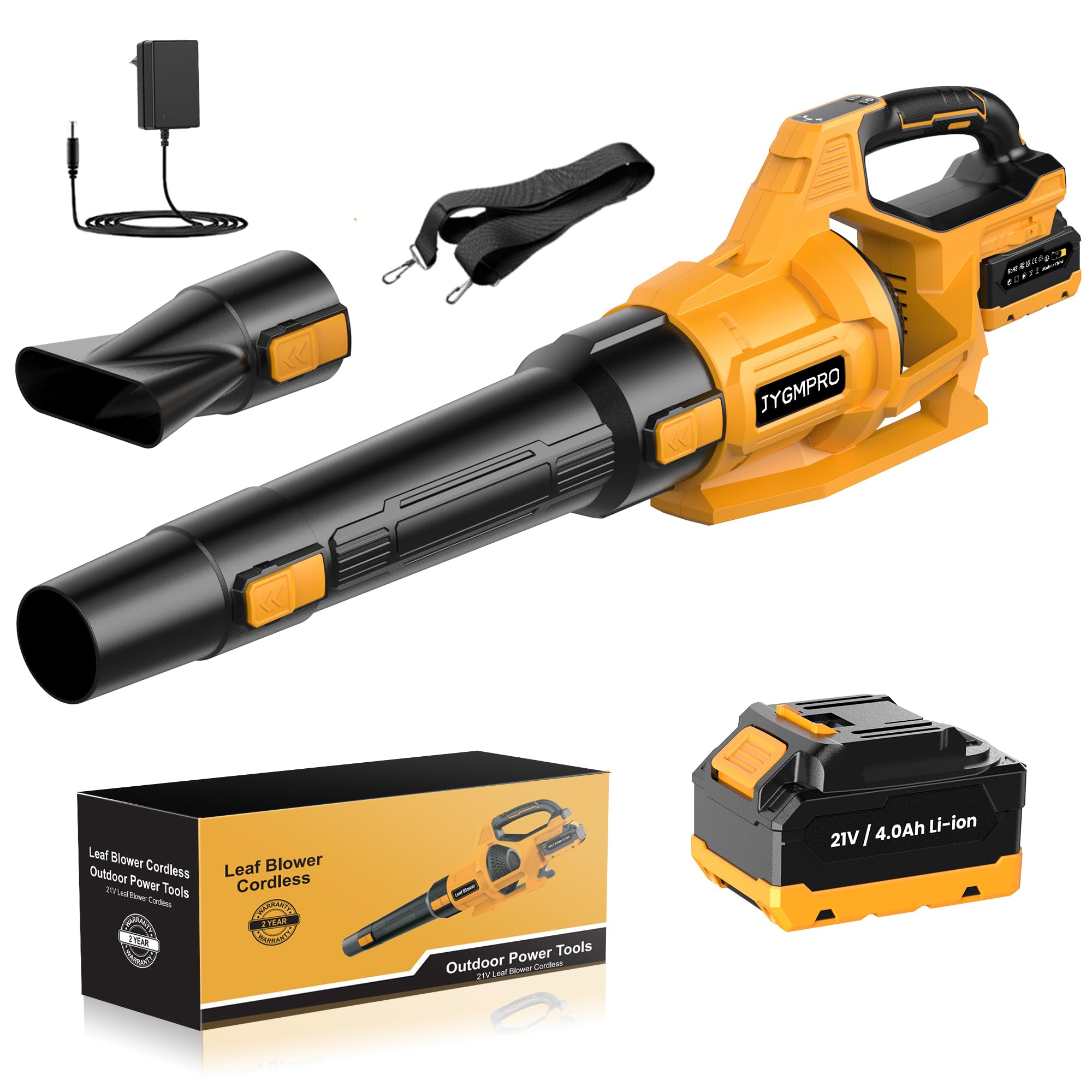 JYGMPRO Battery Blower, 21 V Electric Leaf Blower with 1 4.0Ah Battery, 3 Adjustable Speeds, 2 Nozzles, Strap for Leaves, Snow, Dust and Debris