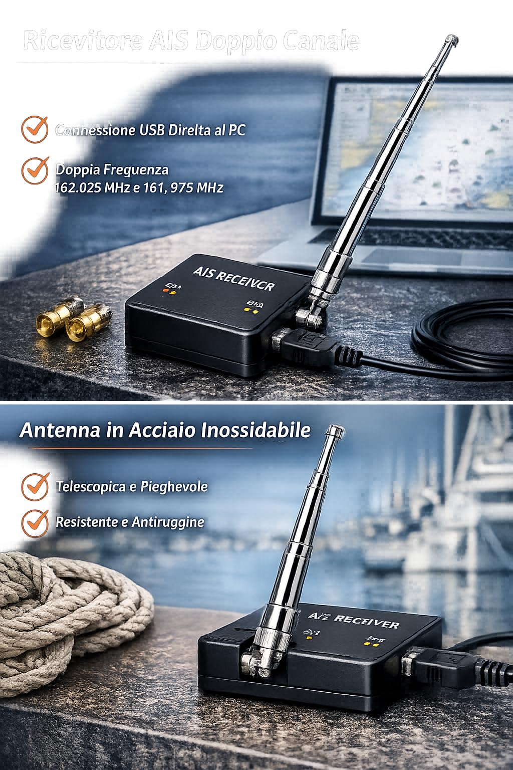 Aramox Marine AIS Receiver Dual Channel USB Output Foldable Antenna SMA Connector