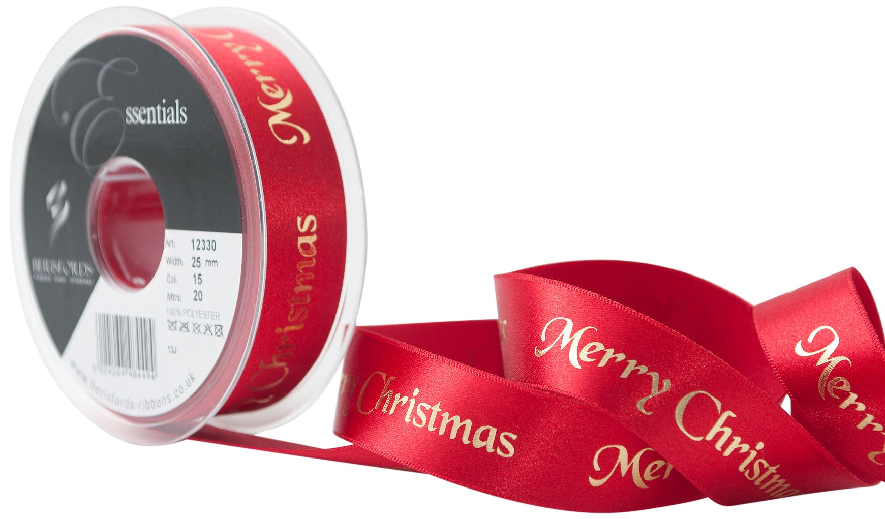 Berisfords 25 mm Merry Christmas Ribbon, Red