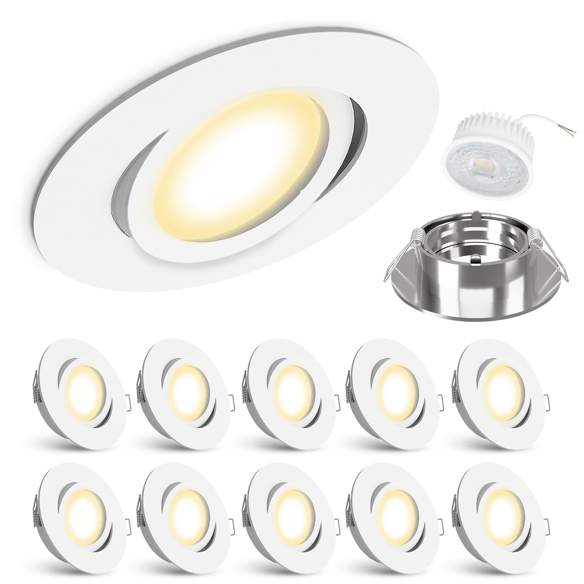 linovum 10x LED extra flache Einbauleuchte Set Form rund schwenkbar weiß lackiert - Einbaustrahler Set mit LED Module 4W Spot warmweiß - Lampe für Flur und Küche