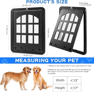 Large Dog Screen Door, 13 x 17 inches Flap Opening Dog Door for Screen Door with 4 Entry Ways, Magnetic Self-Closing Pet Screen Door for Dogs Cats, Black