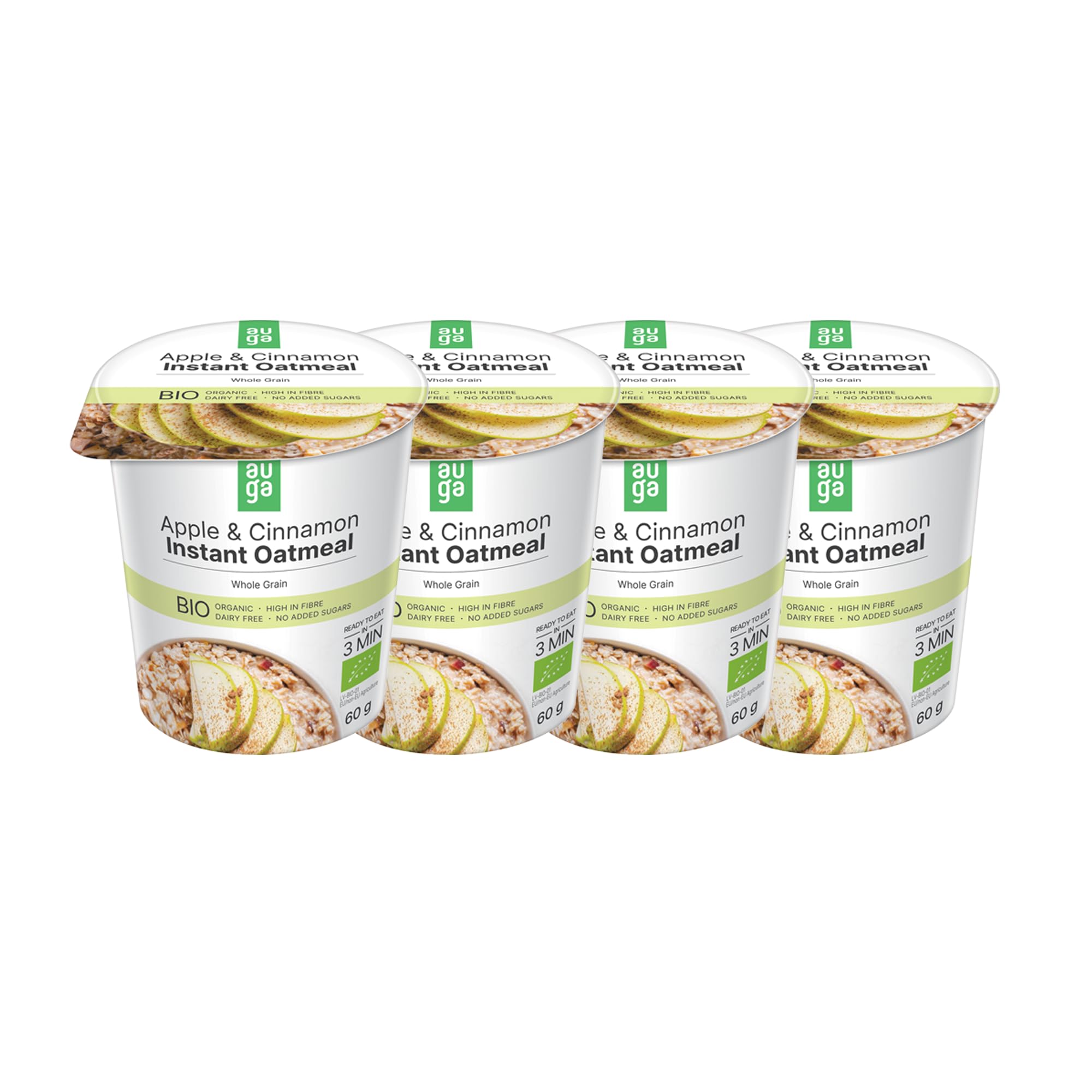 AUGA | Organic Apple & Cinnamon Whole Grain Oatmeal Porridge | 60g | L 30 W 20 H 22 | Paper cup, carton wrap, aluminum lid | Bundle of 4