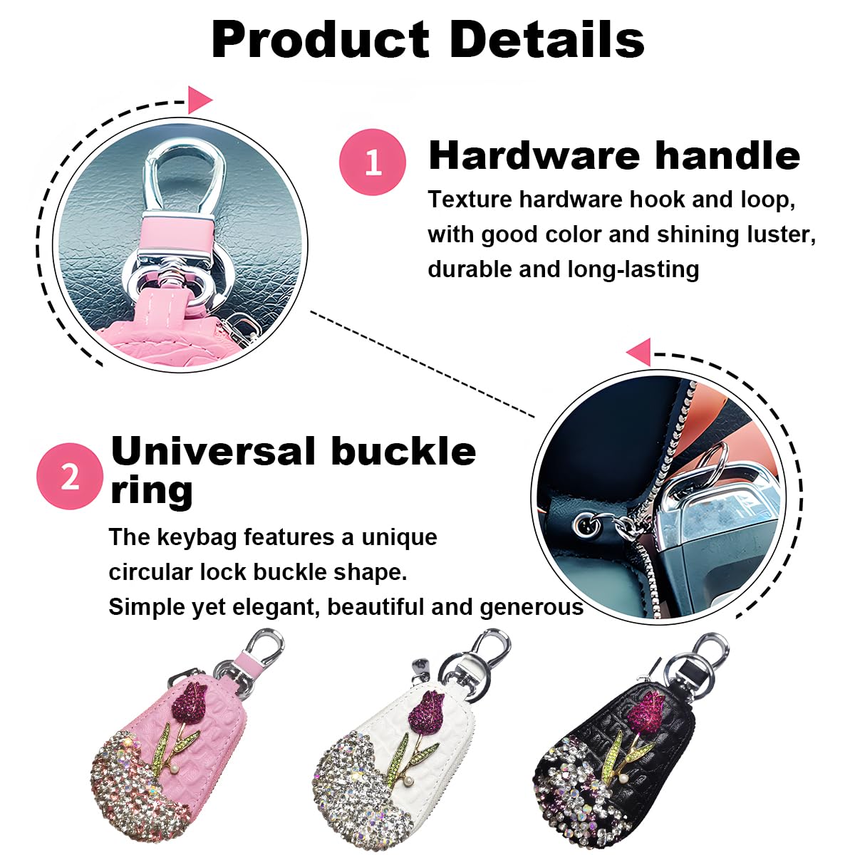 Mandark Bling Car Key Case - Genuine Leather Key Fob Protector With Rhinestones & Rose Design - View #9