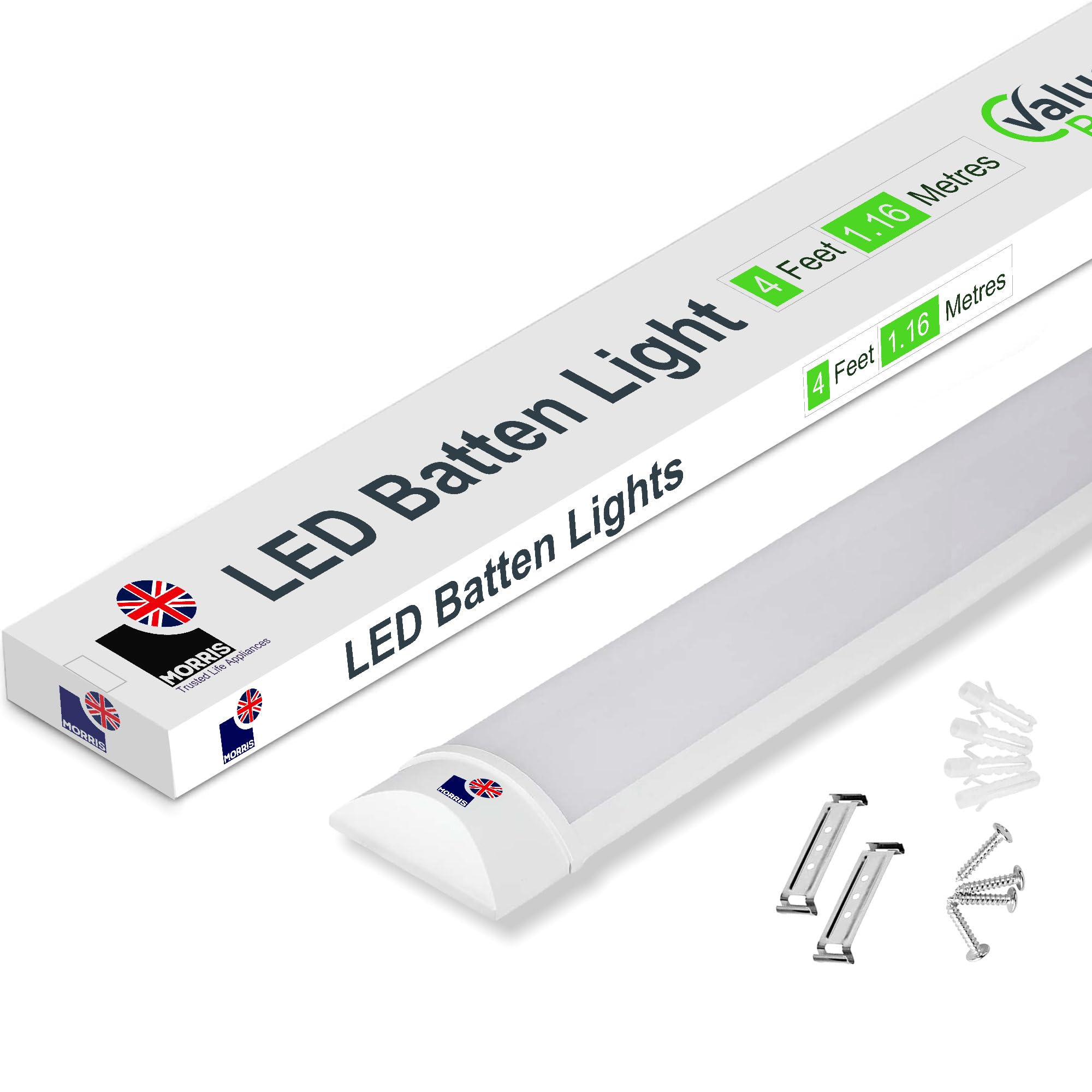 Morris White Led Batten Light 4Ft - 40W 4800Lm, Ip20 Rated, 6500K Cool High-Lumen Single Light For Warehouses, Factories, Large Storage - Value Range