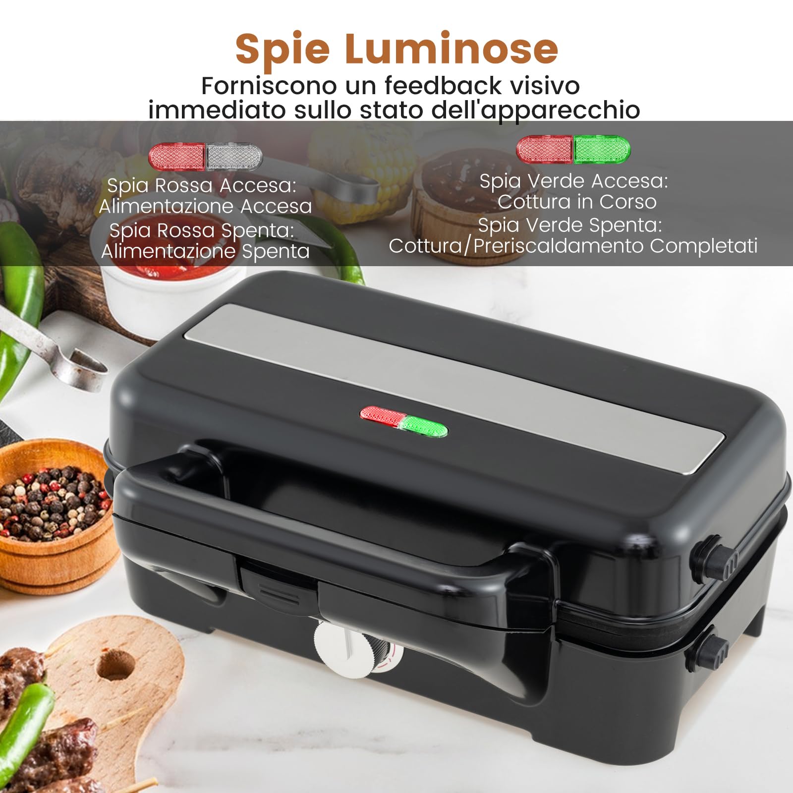 COSTWAY 3 in 1 Tostapane Piastra, Griglia Elettrica Rimovibile 1200W, con Spie Indicatrici e Manico Cool Touch, Riscaldamento Bifacciale con 5 Livelli di Temperatura, Piastra Antiaderente, 29x31 cm