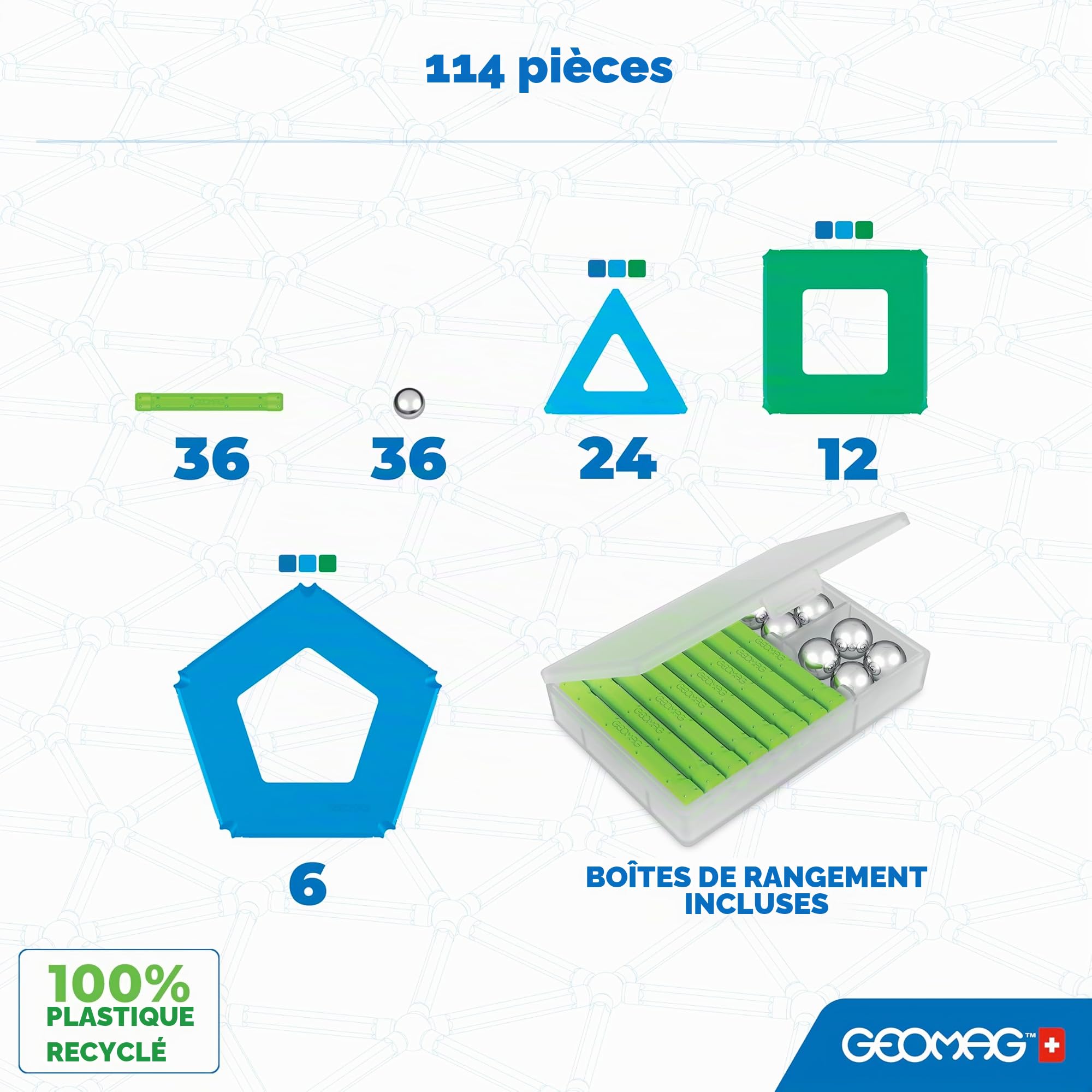 Geomag Jeux de Construction Magnétique pour Enfants - Jouets éducatifs pour Garçons et Filles 100% Recyclé - Collection Green Panels 114 pièces