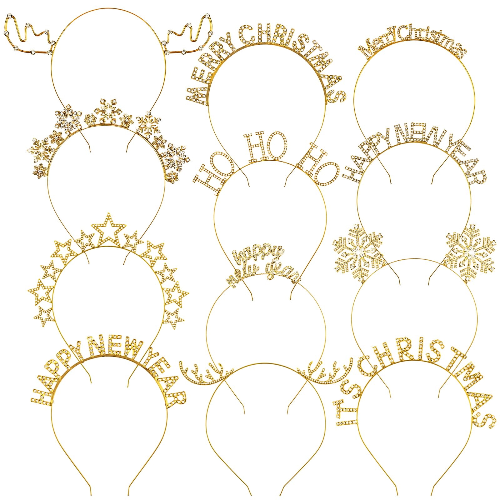 Yunlly Lot de 12 bandeaux de Noël en strass, jolis serre-têtes de Noël en forme de bois de renne, flocon de neige, étoiles, accessoires de fête pour femmes et filles (doré)
