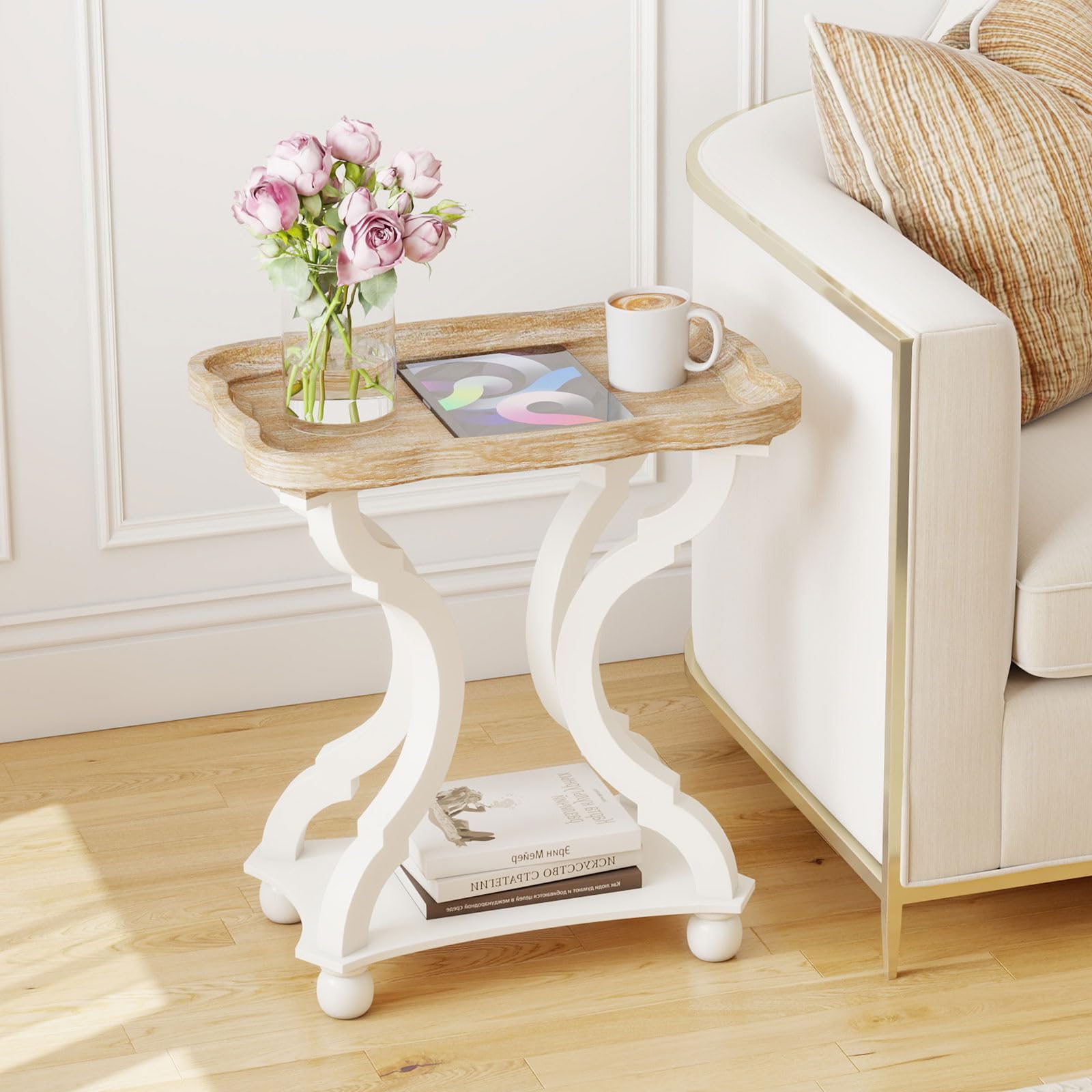 Kinpaw 24'' Farmhouse End Table with Vintage Teak Tabletop - Small Accent Side Table, White Nightstand for Living Room, Bedroom, Office, Antique White