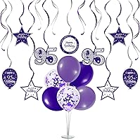 Vista 59 de Juego de decoraciones para fiesta de cumpleaños número 16, serpentinas moradas con soporte de globo de mesa morado, decoraciones de fiesta
