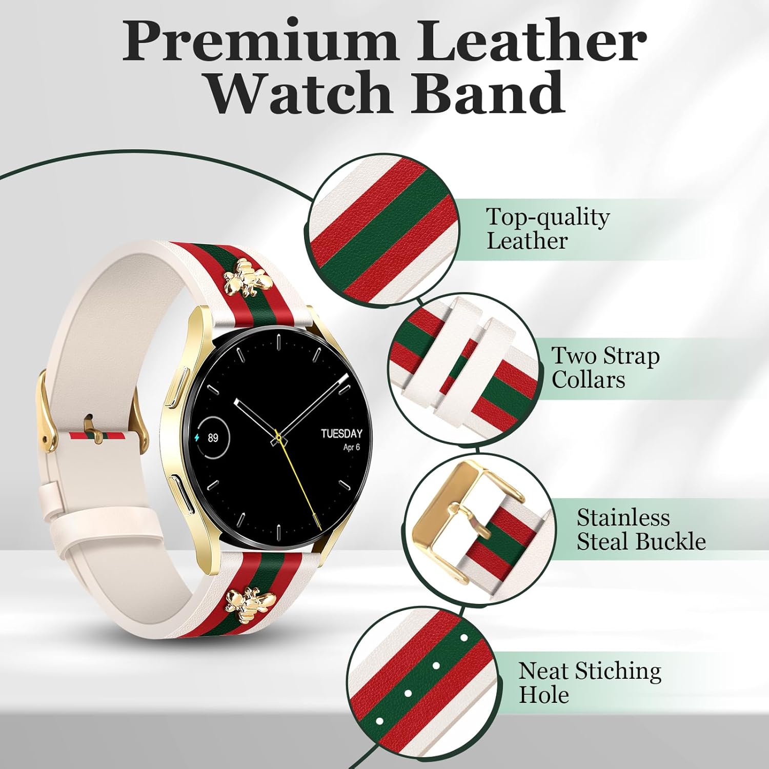 Designer Leather Bands with Charms Compatible with Samsung Galaxy Watch 7/6/5/4/Active 2 40mm 44mm/Watch 6 Classic 43mm 47mm/Watch 5 Pro 45mm/Watch 4 Classic 42mm 46mm, 20mm - Image 4