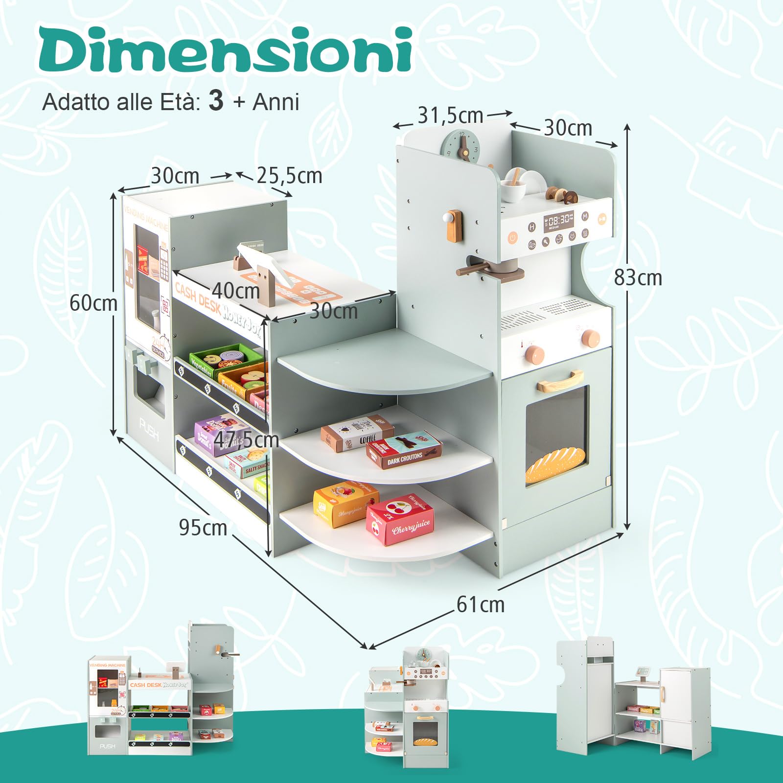 COSTWAY Mercato Giocattolo per Bambini con Cassa, Negozio Giocattolo in Legno con Macchina Caffè e Distributore Automatico, Banco Mercato Giocattolo con Scaffali e 30 Accessori, per Bambini 3+ Anni