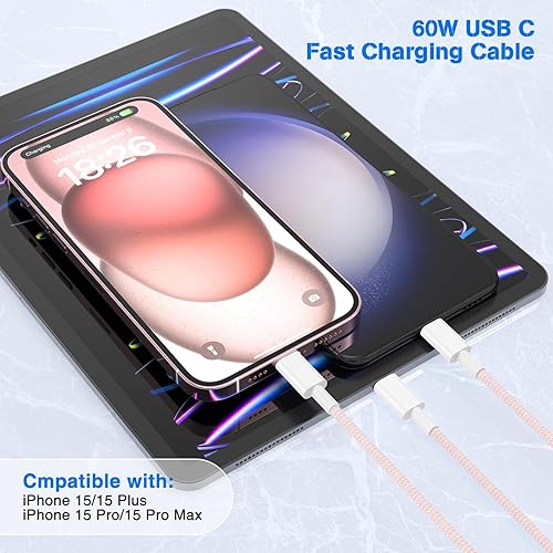 Vista 78 de Carplay - Cable de carga USB C para iPhone 16 15 Pro Max, paquete de 4 [3/3/6/6 pies] 60 W USB C a USB C cable y USB A a USBC cable de carga rápida