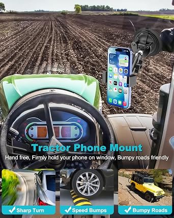 Tractor Phone Holder, Strong Suction Cup Phone Mount for Farming Machine, [360° Metal Arm & Sturdy Clip] Tractor Windshield Cellphone Cradle for iPhone, Galaxy, all 4-7 inch Smartphone
