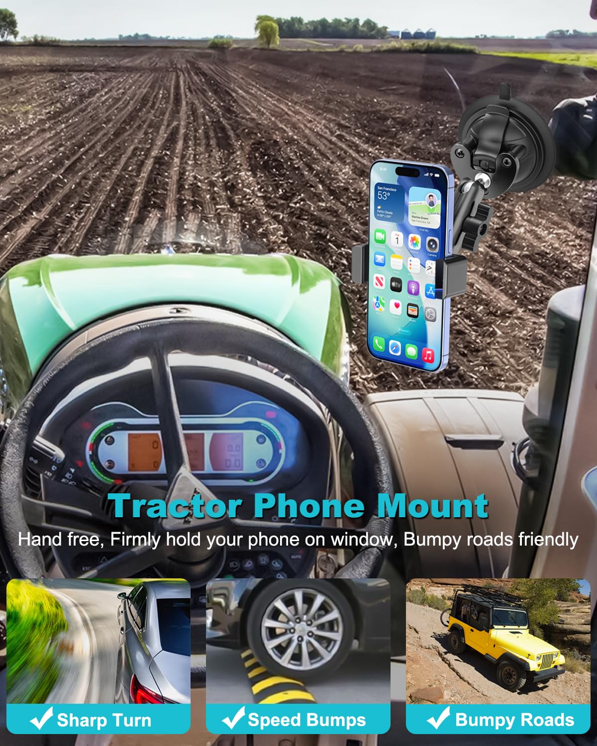 Soporte Movil Tractor, [Potente Ventosa & Brazo Metálico] Soporte Móvil para Tractor Parabrisas, Porta Teléfono Ventosa Coche Compatible con iPhone 17 16 15 14 13 12 11 Pro, Galaxy y Más 4-7"
