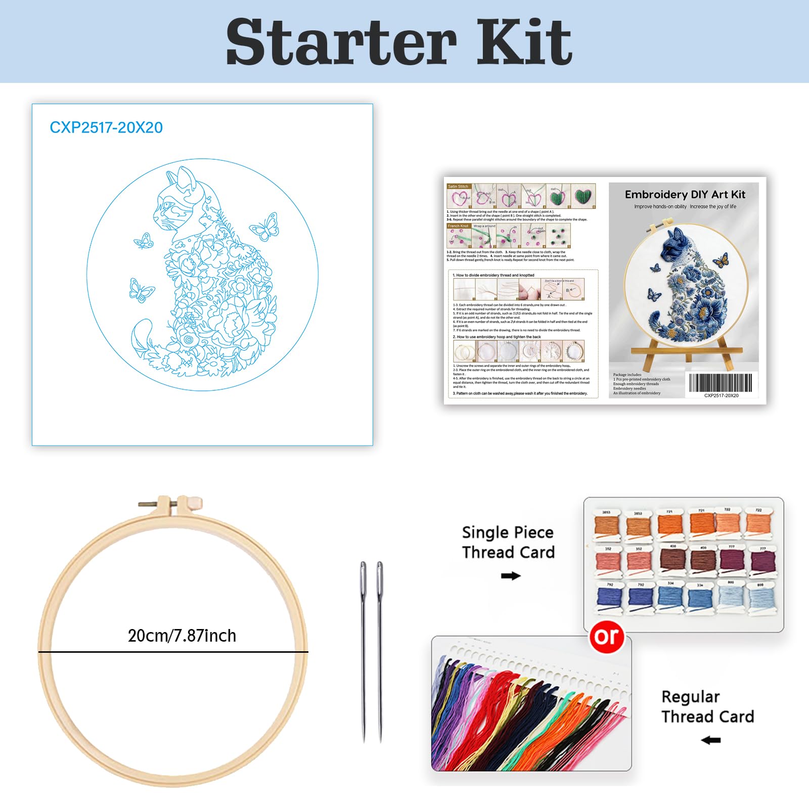 JOZYSH Kit de bordado con patrón de gato y mariposa de flores azules para principiantes y adultos, incluye tela, aro, hilos de color, agujas e instrucciones (idioma español no garantizado), punto a