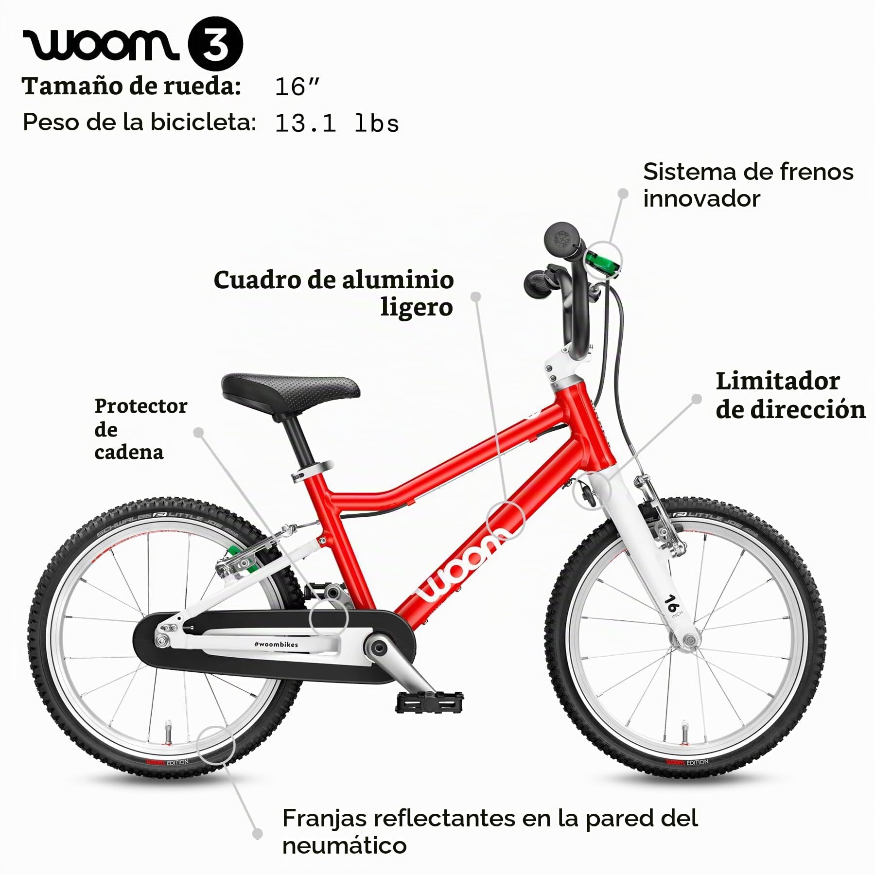 Amazon.com: Woom 3 - Bicicleta para niños, 16 pulgadas, edades de