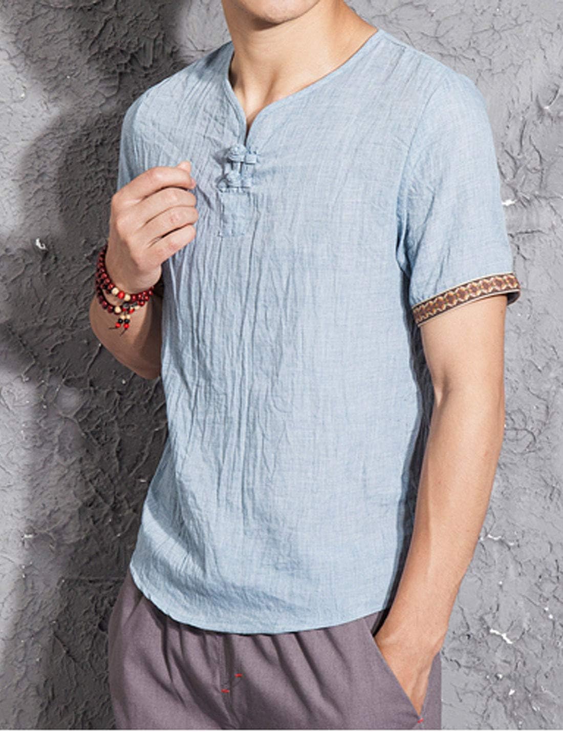 Flygo Men's Casual V Neck Short Sleeve T Shirts (Large, Denim Blue)