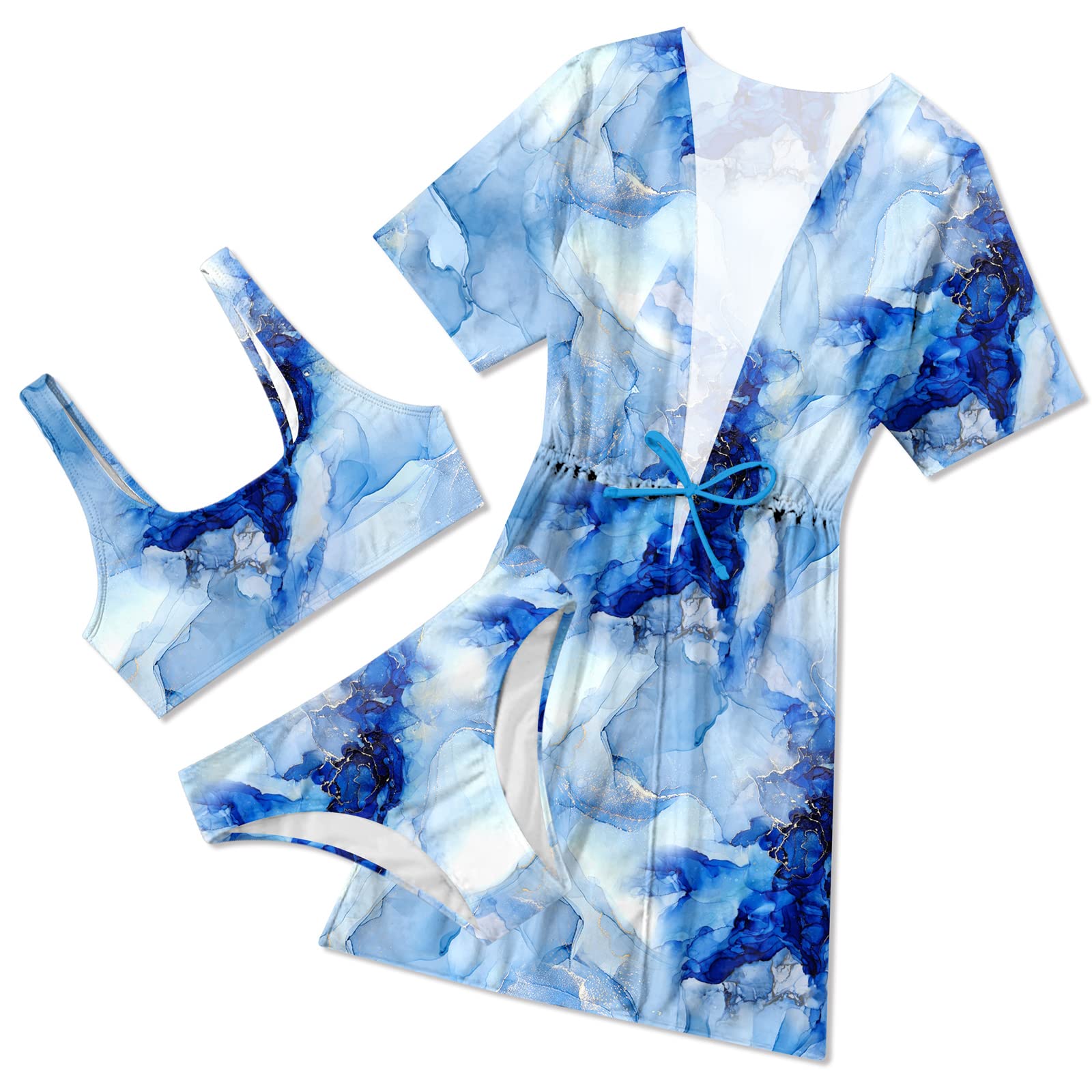 EnlifetyGirls Swimsuit 3 Piece Bikini Bathing Suit Quick Dry Swimwear Sun Protection Cover-Up Sets 5-12 Years