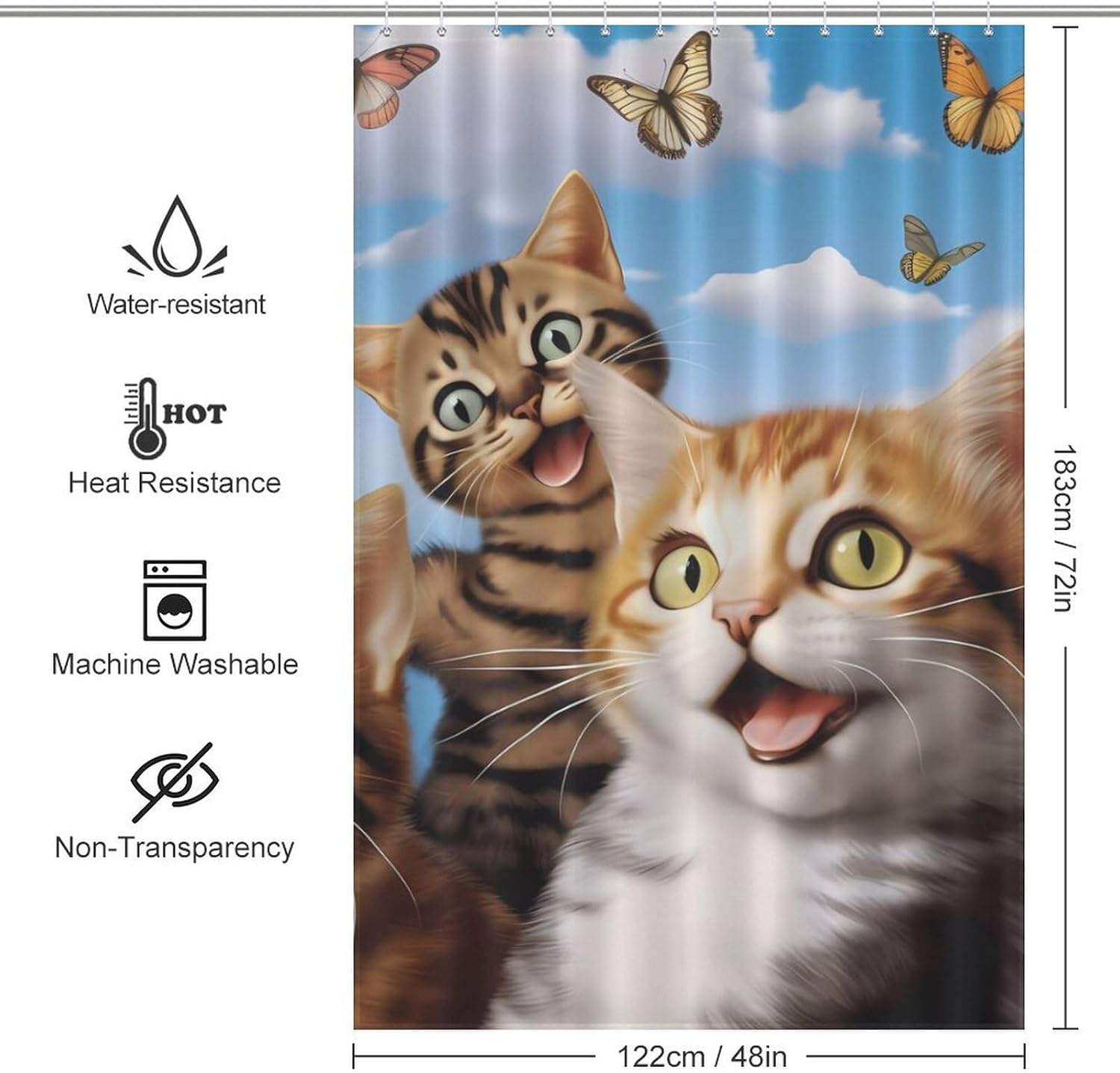 Cute Cats Butterfly Funny Shower Curtains Washable Bath Curtain Liner with Hooks for Bathroom Bath Tubs