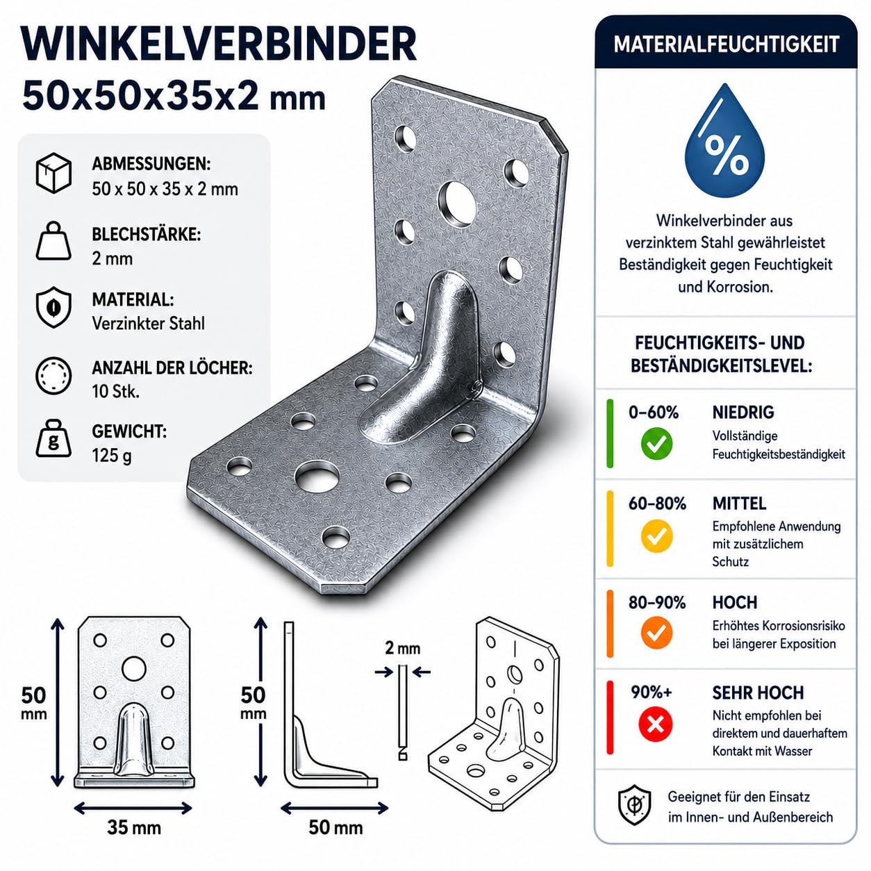 BKTechnik 100x Schwerlast Winkelverbinder 50x50x35x2 mm verzinkt mit Sicke – Lochwinkel Balkenwinkel Holzverbinder aus Stahl für Holzbau, Möbel, Regal, Dachkonstruktion, Montagewinkel Set Silber