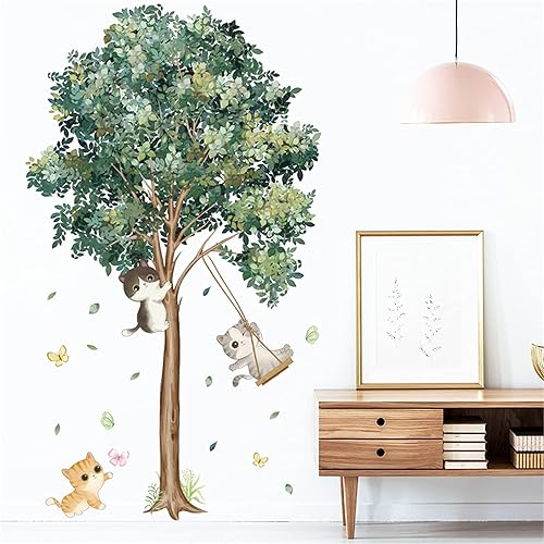 Calcomanías de pared de árbol y gato, hojas verdes, calcomanías de pared para sala de estar, dormitorio, sofá, fondo de TV, decoración de pared