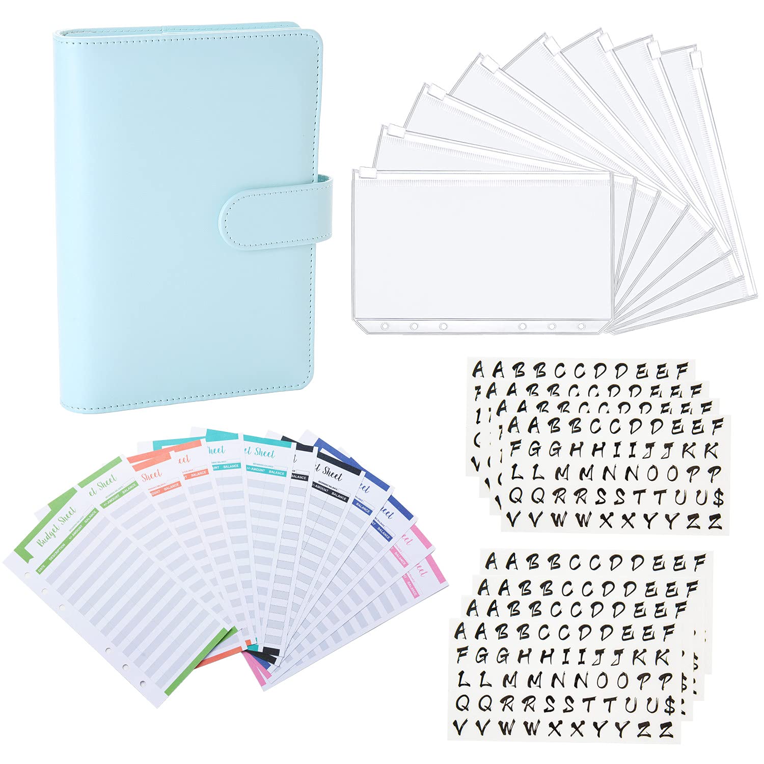 Eage Cash Envelopes for Budgeting, Budget Binder, 29 Pcs A6 PU Leather Notebook Budget Binder Planner Organizer, 6 Ring Saving Binder for Bill Organizer, Mint Blue + Diy Stickers