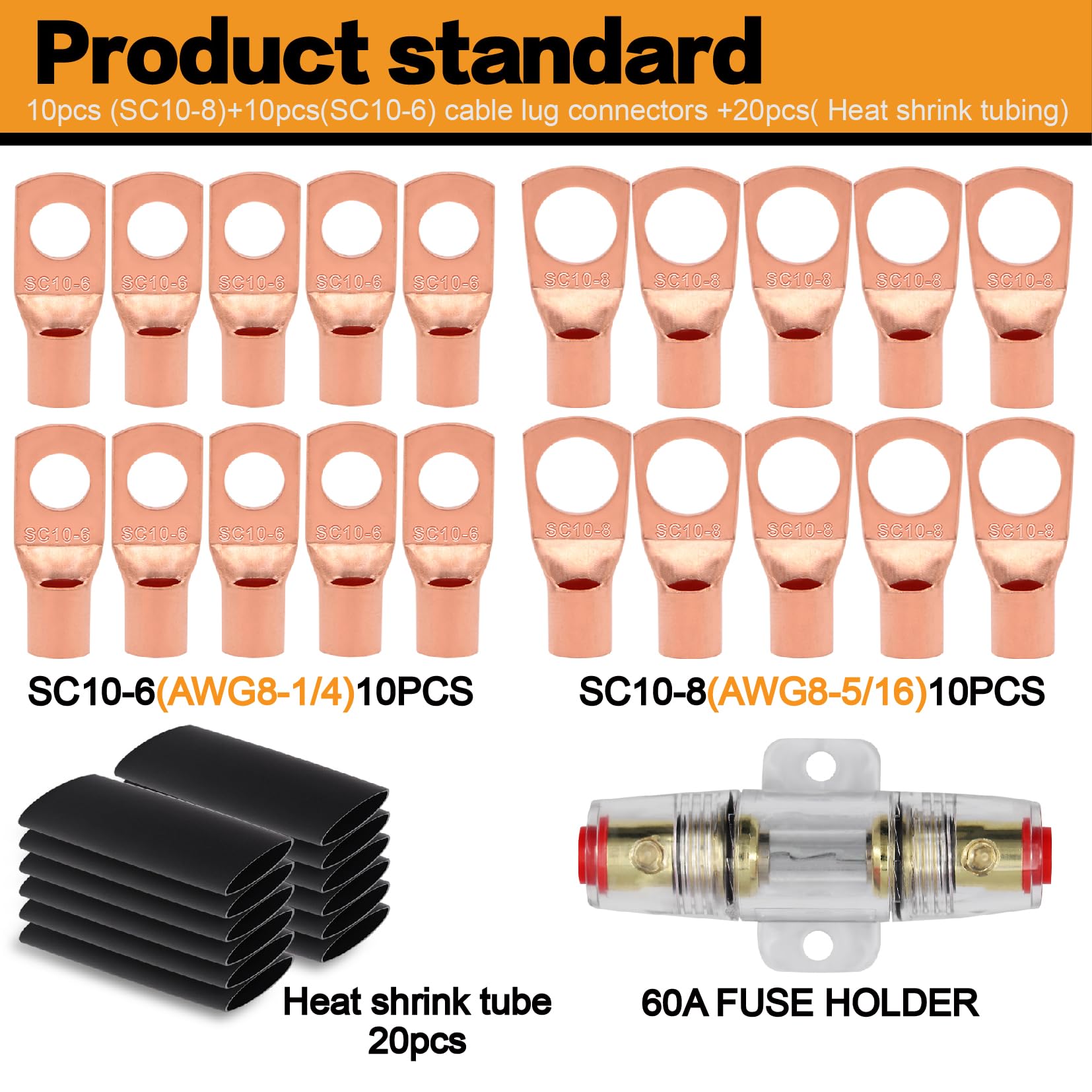 Fil en aluminium plaqué de cuivre CCA de calibre 8 avec cosses 8 GA, porte-fusible 60 A, tube thermorétractable – Câble d'alimentation/de terre, haut-parleur audio de voiture, kit de câblage d'ampli