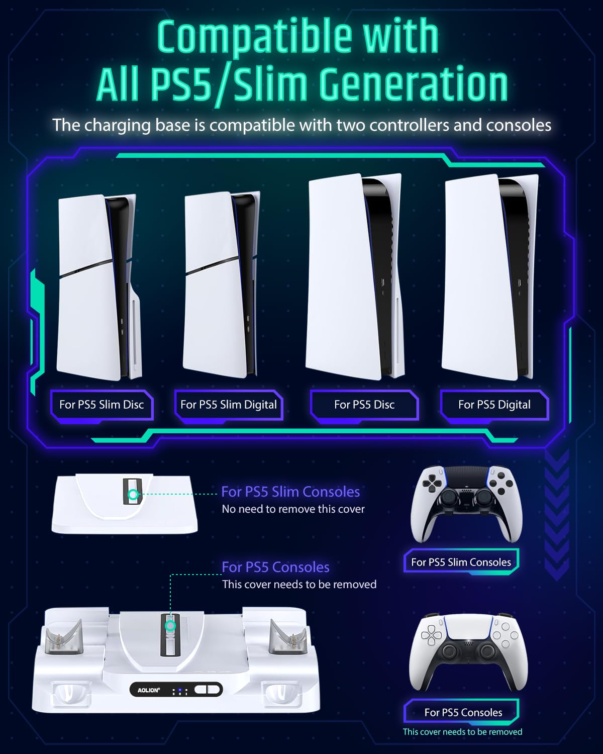 Estación de Recarga Rápida del Consola PS 5 con Ventilador de Enfriamiento, Cargador Compatible con Mando Play 5, Soporte para Auriculares Gafas Cascos PS 5