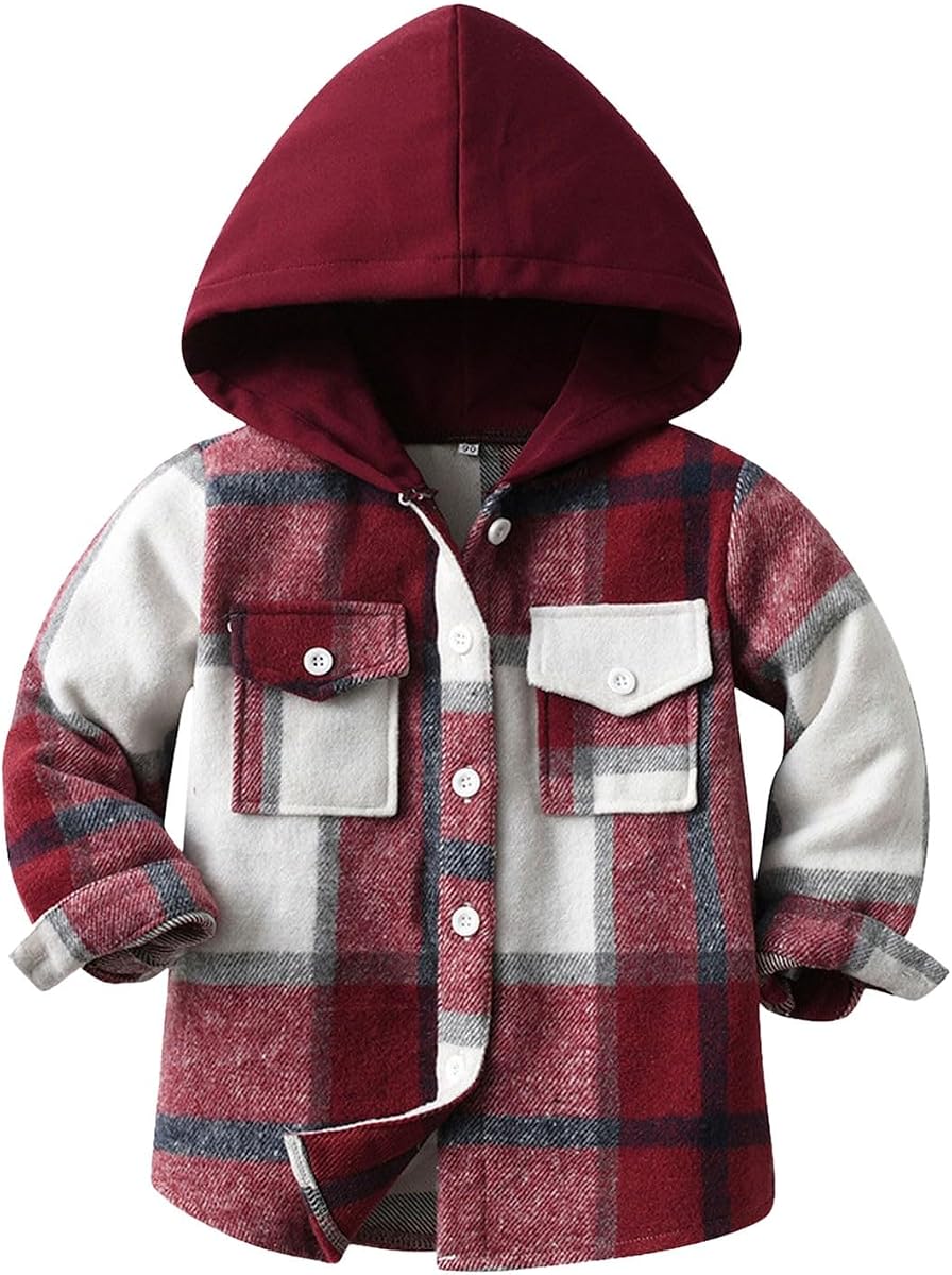 Toddler Flannel Shirt Long Sleeve Flannel Hoodie Jacket Plaid Tops | Boys Flannel Shirts,Back to School Clothes,Fall Winter Outfits,Button Down Hooded Sweatshirt Coat