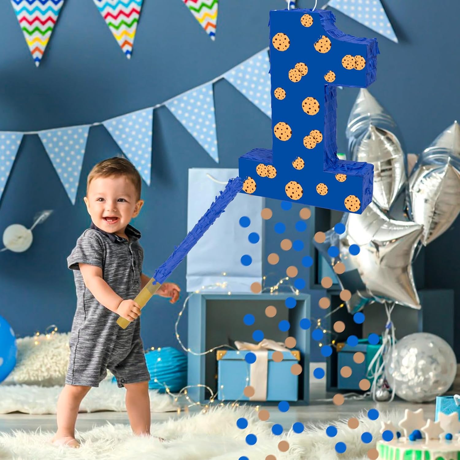 Cookie 1st Birthday Decorations, 15.7'' Cookie Number 1 Piñata with Blindfold Stick and Confetti for Cookie Birthday Party Supplies (1st)