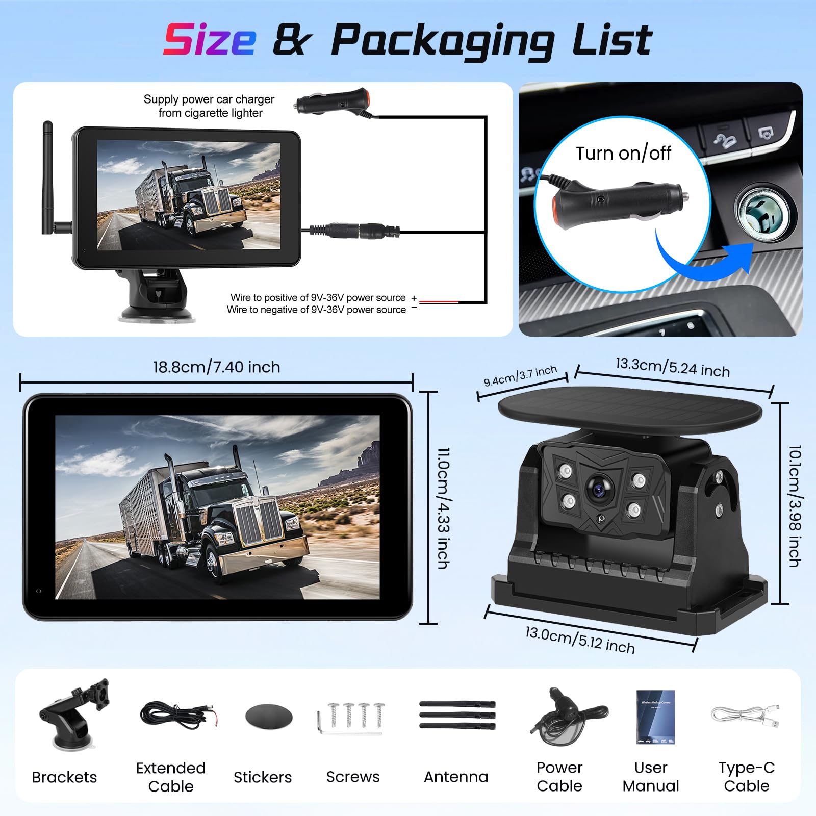 Telecamera di Retromarcia Solare Senza Fili Kit, 7 Pollici Monitor Touch Screen, 10000mAh Magnetica Tipo C Ricaricabile Telecamera Posteriore con Registrazione DVR BSD Visione Notturna Impermeabile
