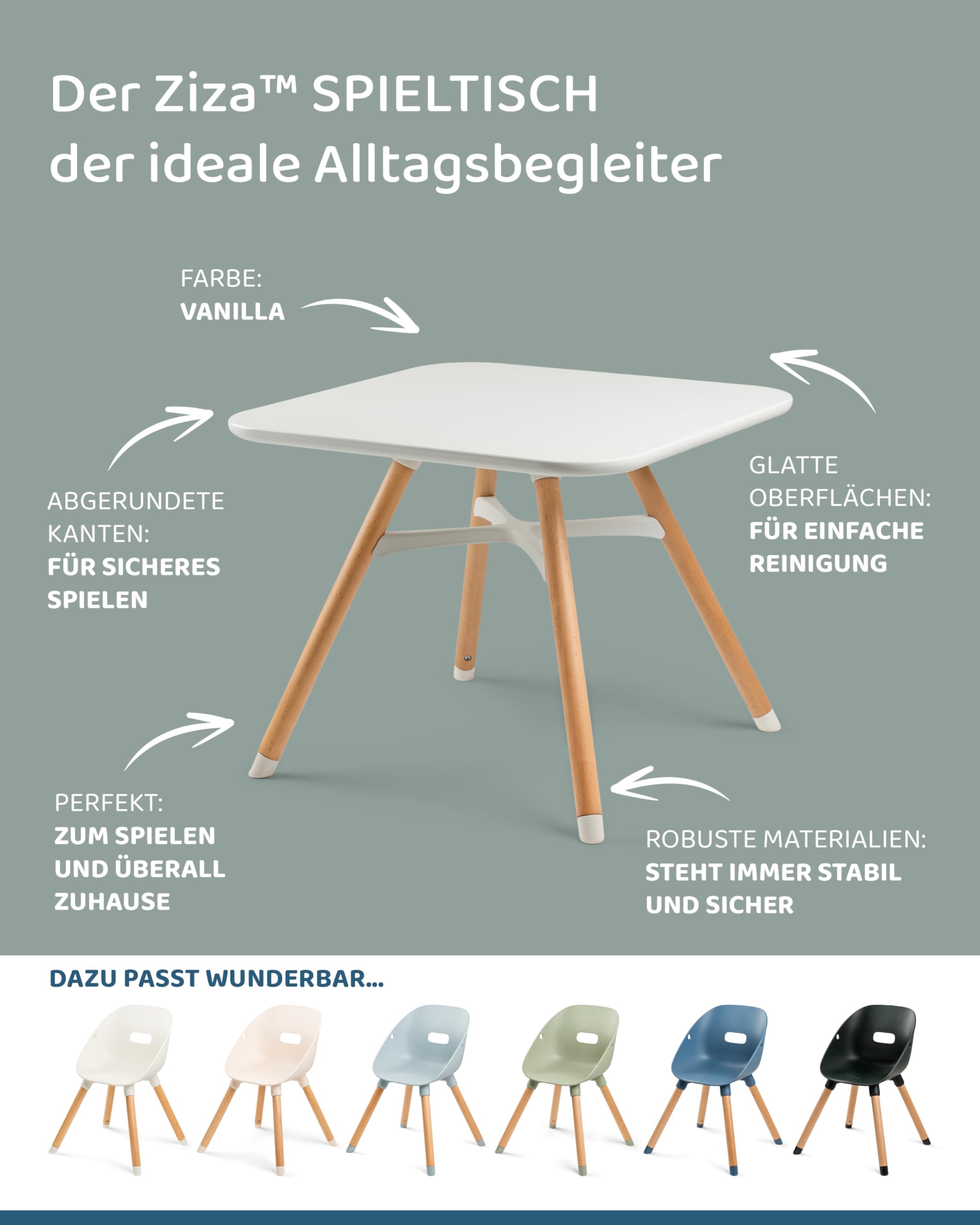 Ziza Spieltisch ab 1 Jahr Vanilla - Kindertisch für die ersten Lebensjahre ideal zum Spielen, Malen & Basteln, Robuster Tisch aus Holz mit Stabiler Stahlkonstruktion