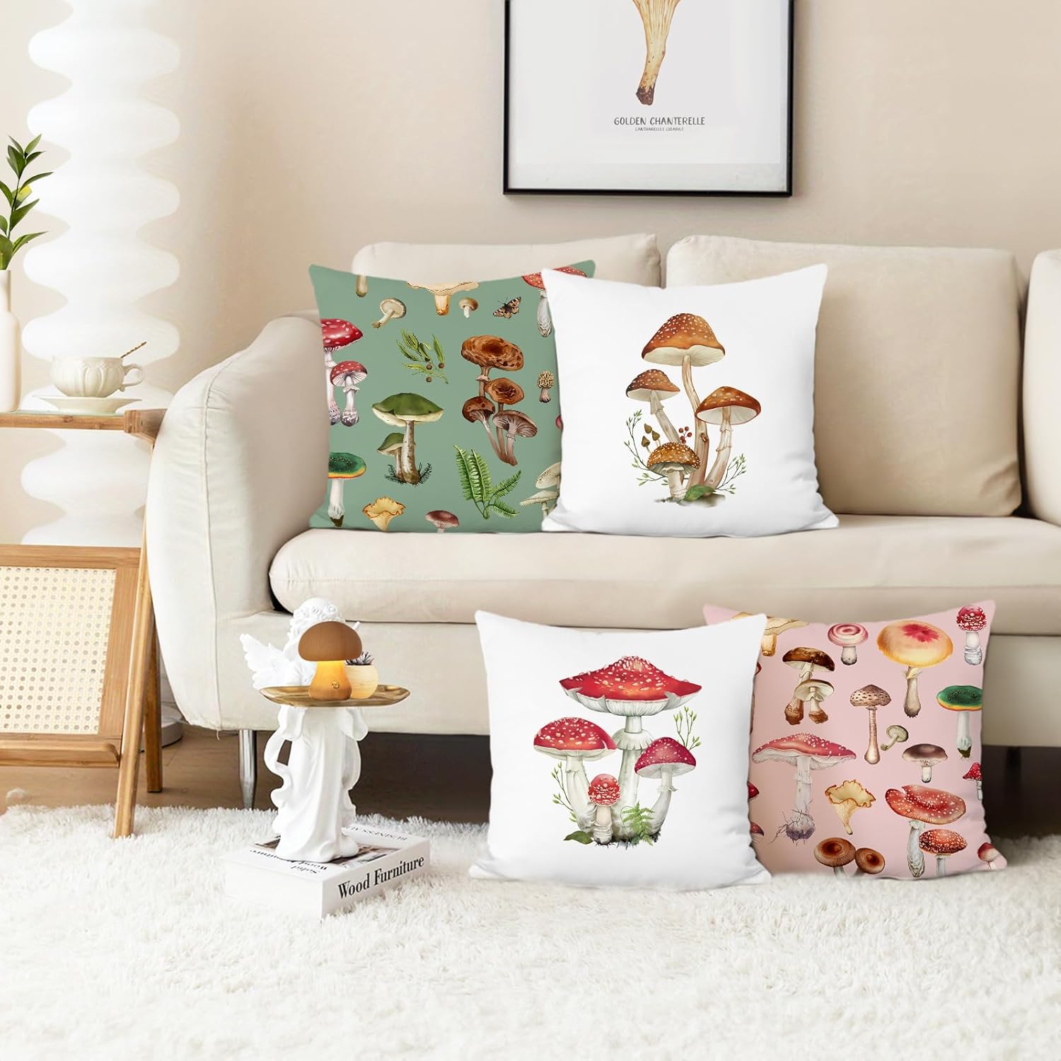 Bonhause Mushroom Throw Pillow Covers 18 x 18 Inch Various Mushrooms Green Pink Decorative Pillows Soft Velvet Cushion Cases for Couch Sofa Bed Home Decor Set of 4 - Image 2